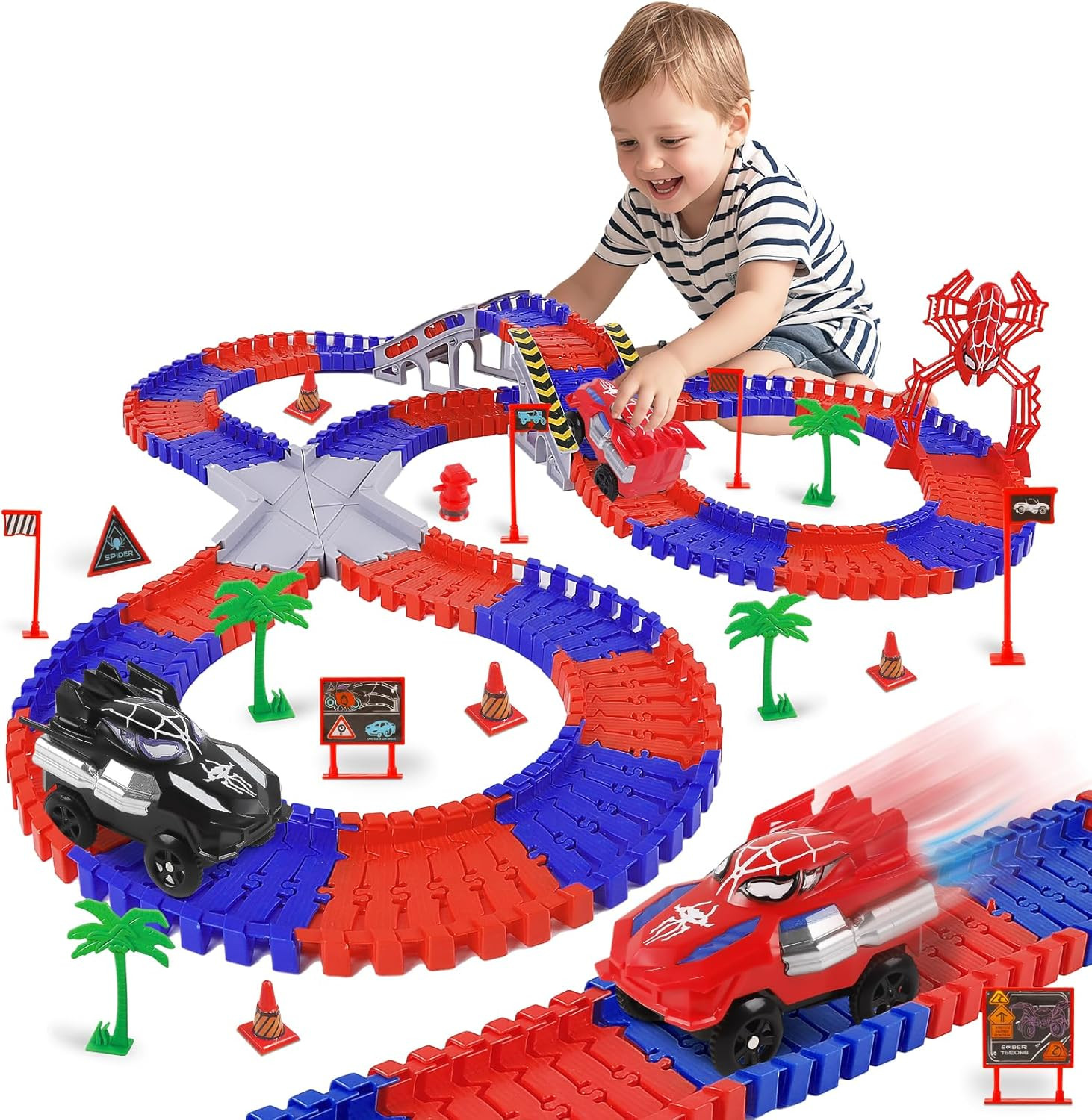 Spider Toys for Boys 4-6, 212 PCS Race Car Track for Kids Ages 4-8, Monster Truc