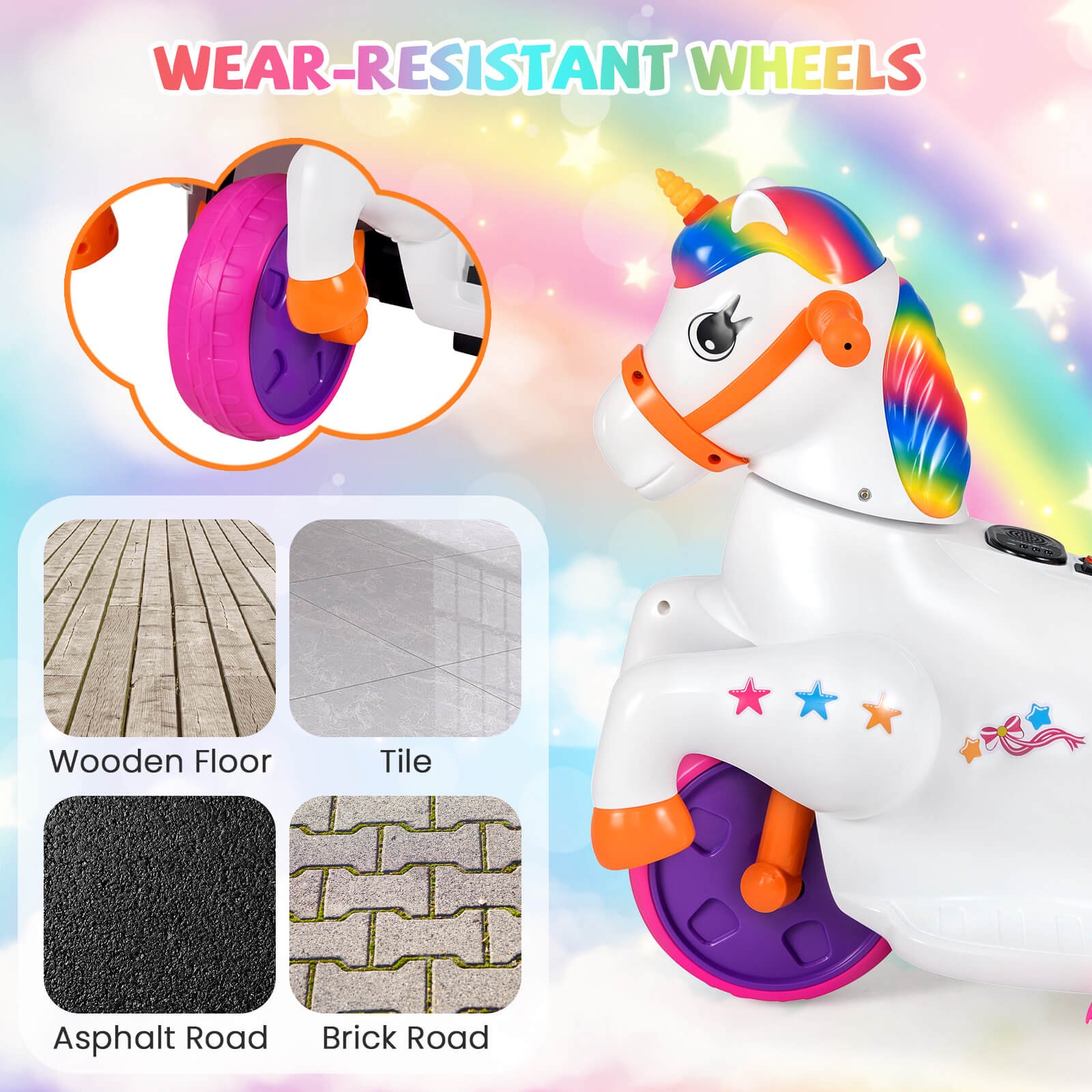 12V Kids Ride on Unicorn Toy w/ Training Wheels Music One-button Start Horse Toy