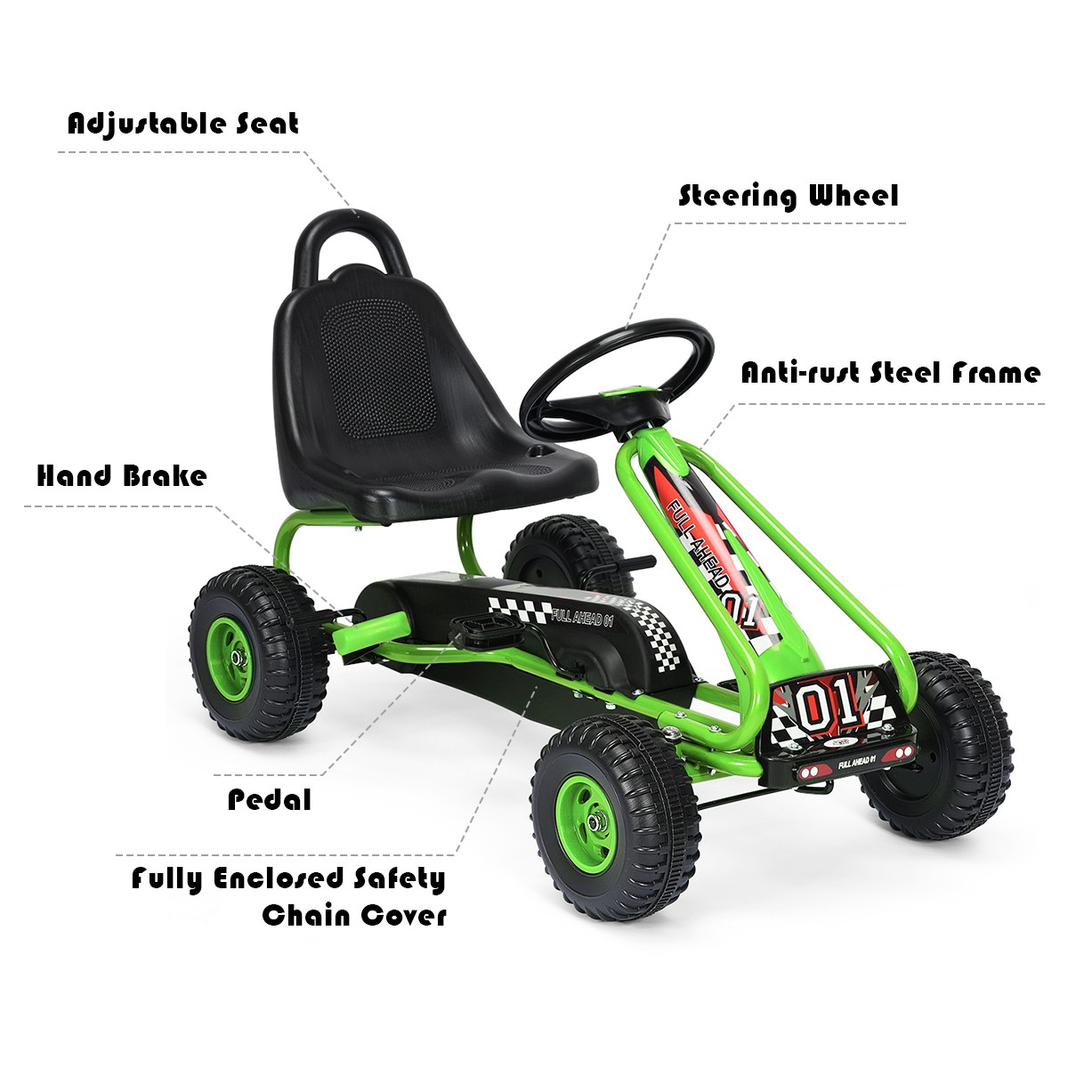 Kids Pedal Go Kart 4 Wheel Ride On Toys w/ Adjustable Seat & Handbrake Green