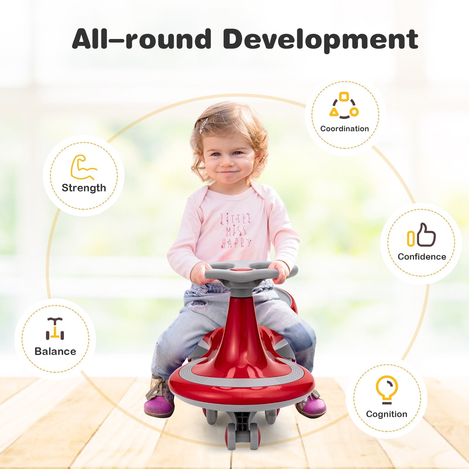 Wiggle Car Ride-On Toy with Flashing Wheels for Kids – Red