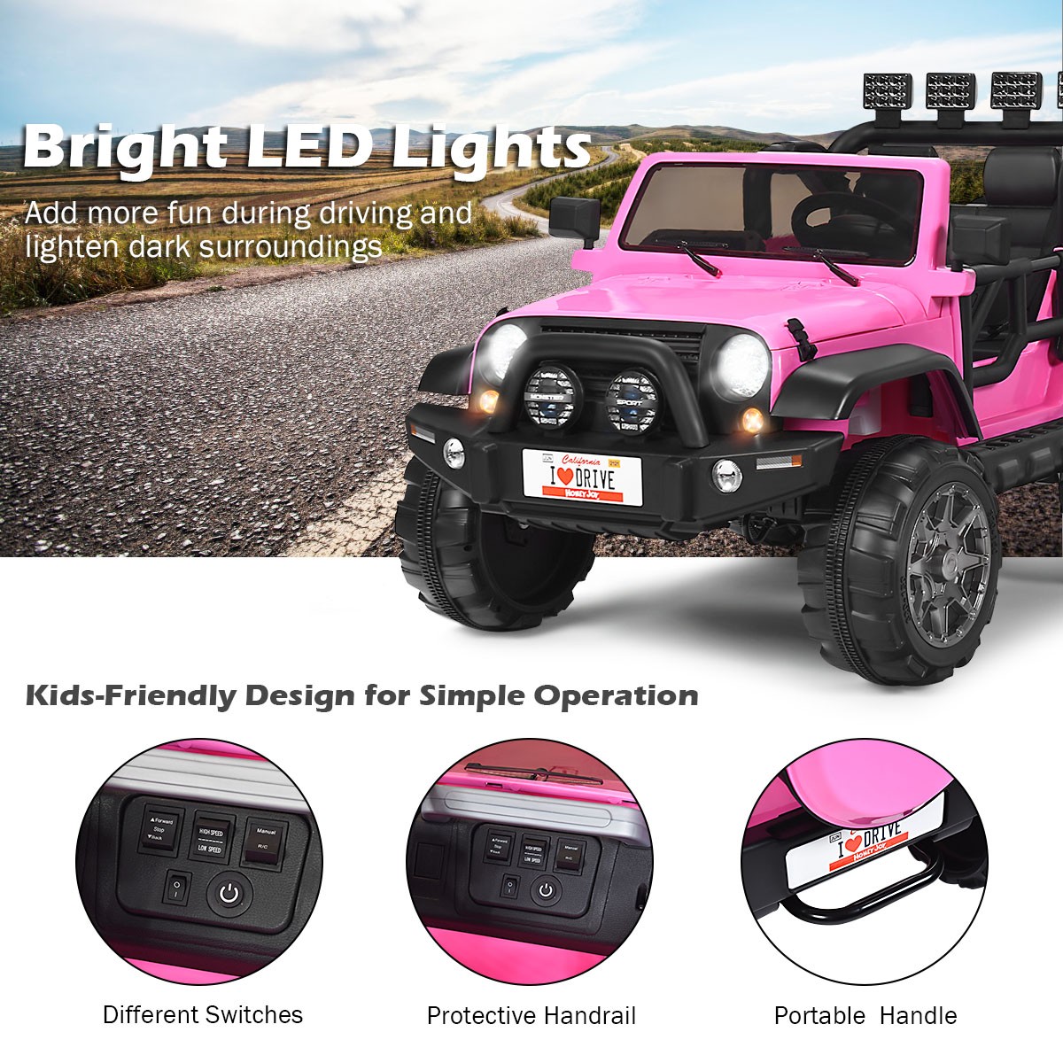 HoneyJoy 12V Kids Ride On Car 2 Seater Truck RC Electric Vehicle w/Storage Pink