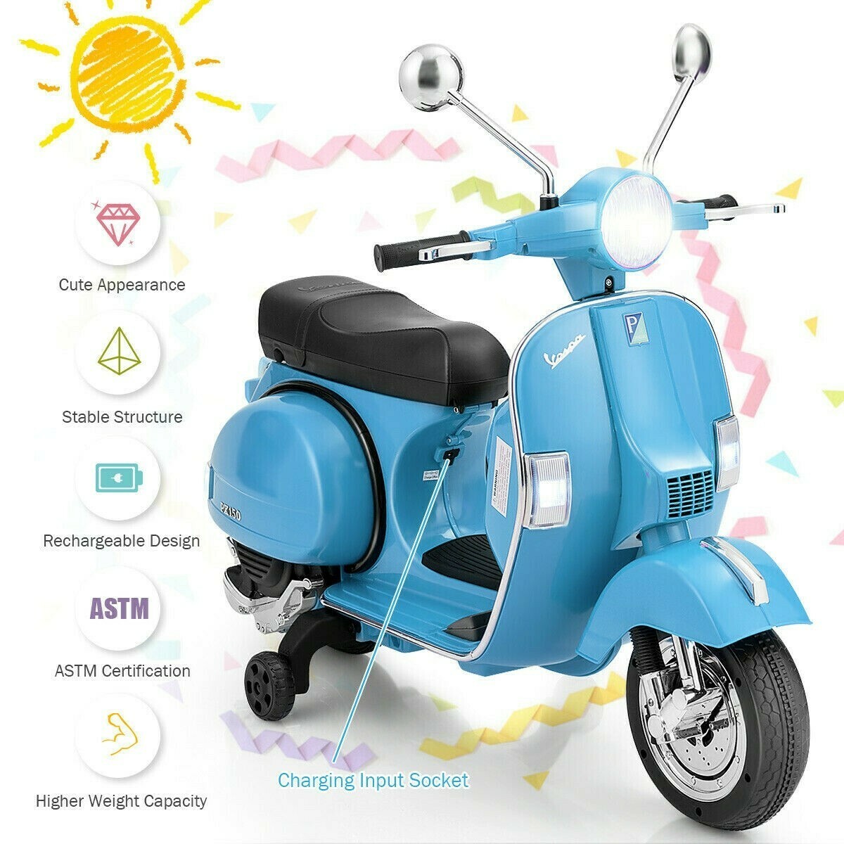 6V Kids Ride on Vespa Scooter Motorcycle with Headlight