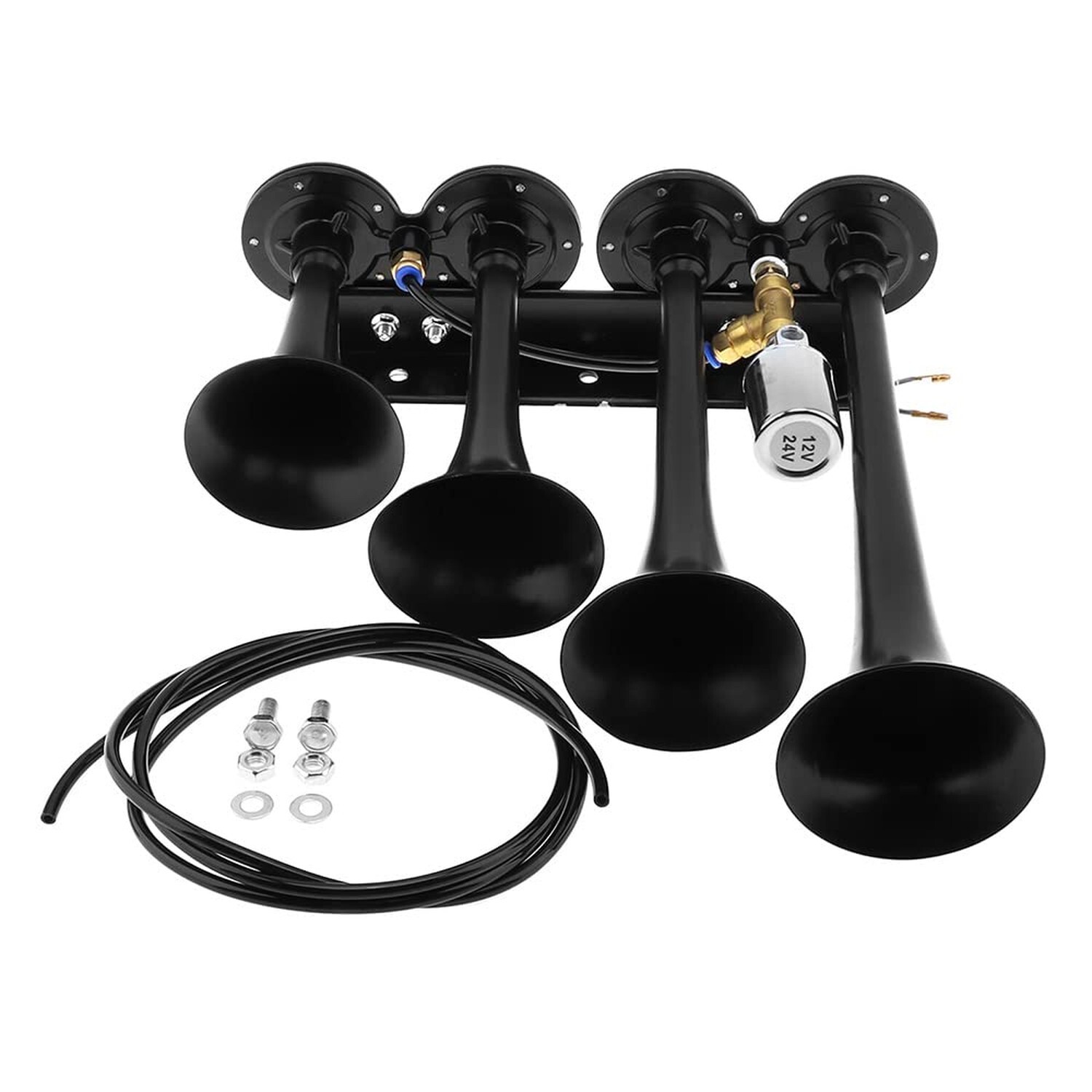 12V / 24V Truck Train Air Horn, 185dB Super Loud Four Trumpet Air Horn for Ca…
