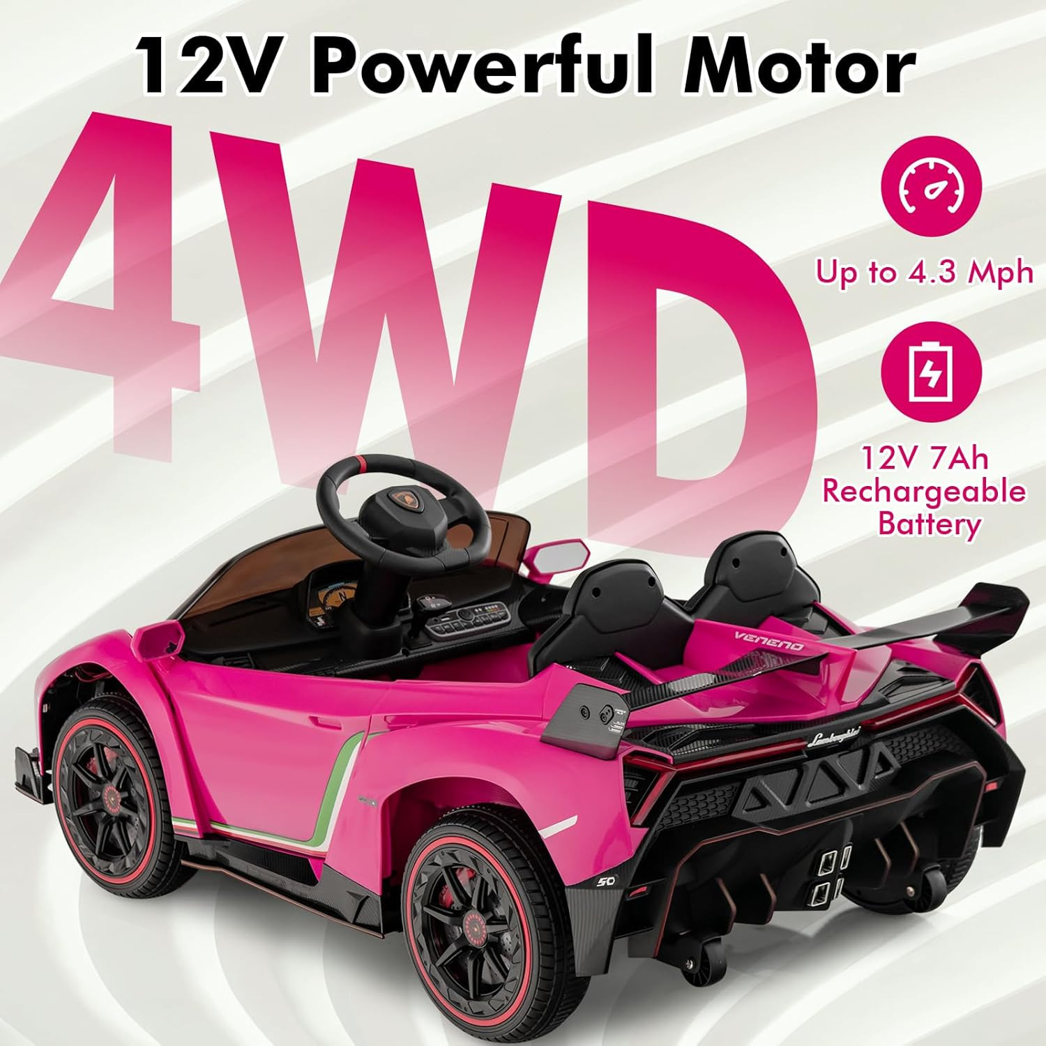 2 Seater Kids Ride on Car, 12V 4WD Licensed Lamborghini Veneno Powered Electric