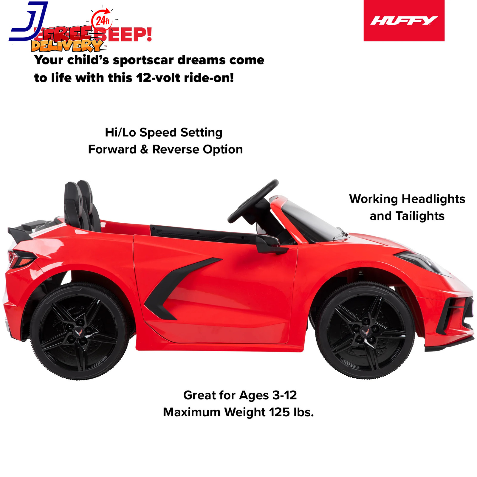 12V Corvette Stingray Battery Powered Ride-On Car Children Ages 3+ Sounds