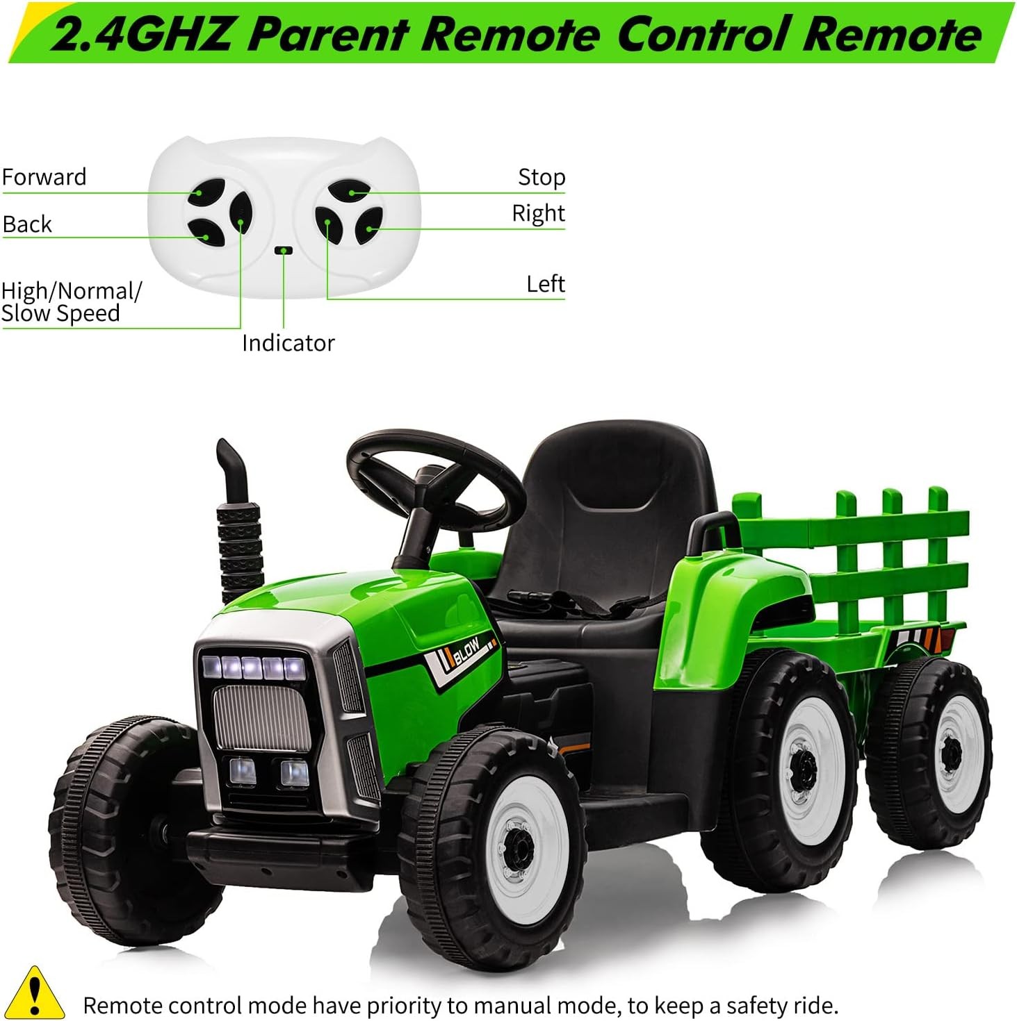 Battery‑Powered 12V Kids Tractor w/ Remote,25/35W Motor, LED, Educational Audio