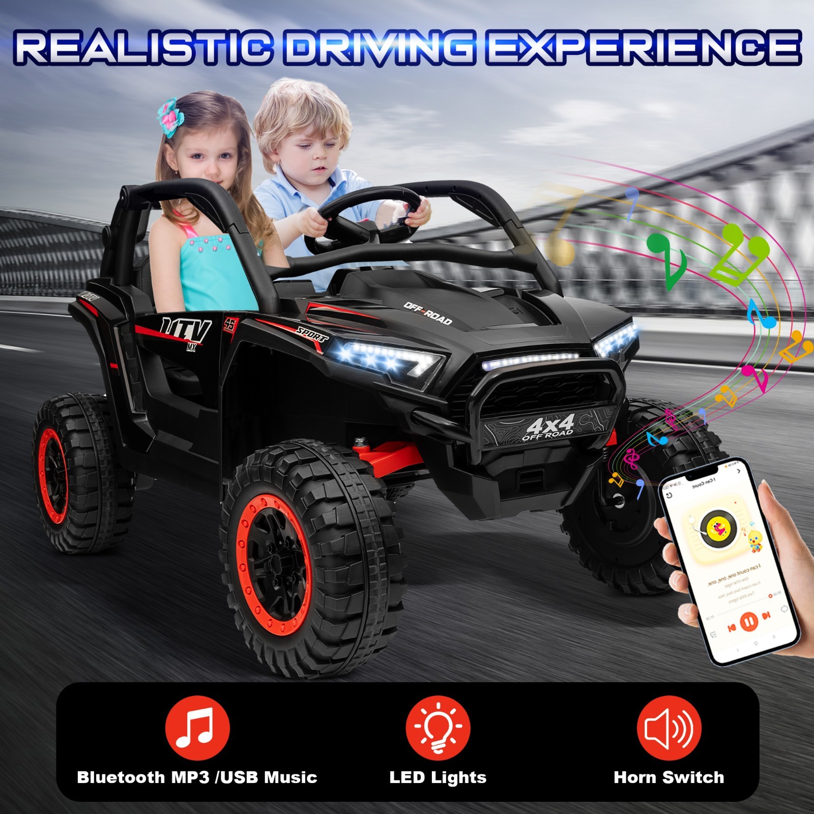 Kids Ride-On Car 2 Seater Black with Parent Remote, 4WD UTV, Bluetooth Music