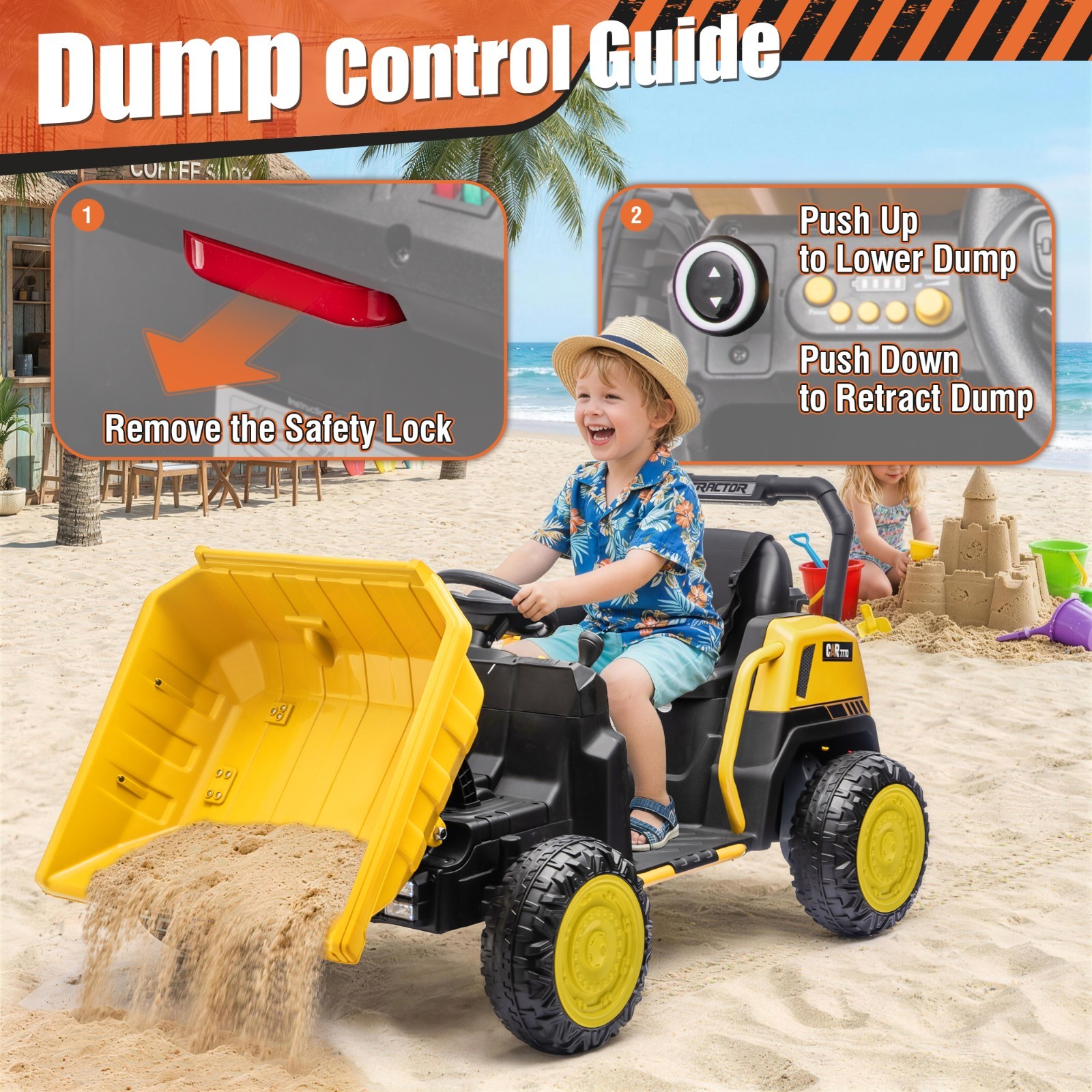 24V Kids Ride On Dump Truck, Remote Control, Metal Frame, Dump Bed & Shovel