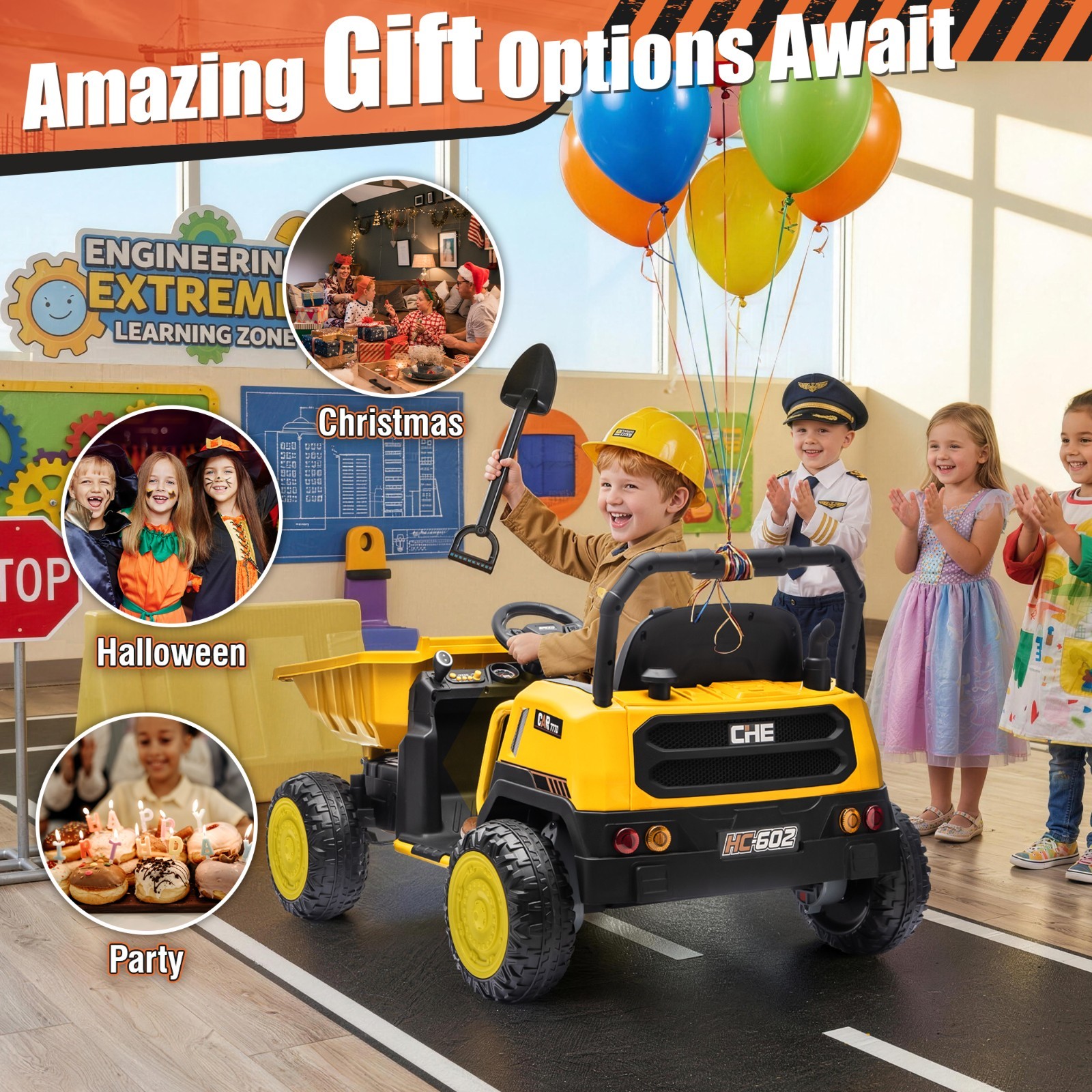 24V Kids Ride On Dump Truck, Remote Control, Metal Frame, Dump Bed & Shovel