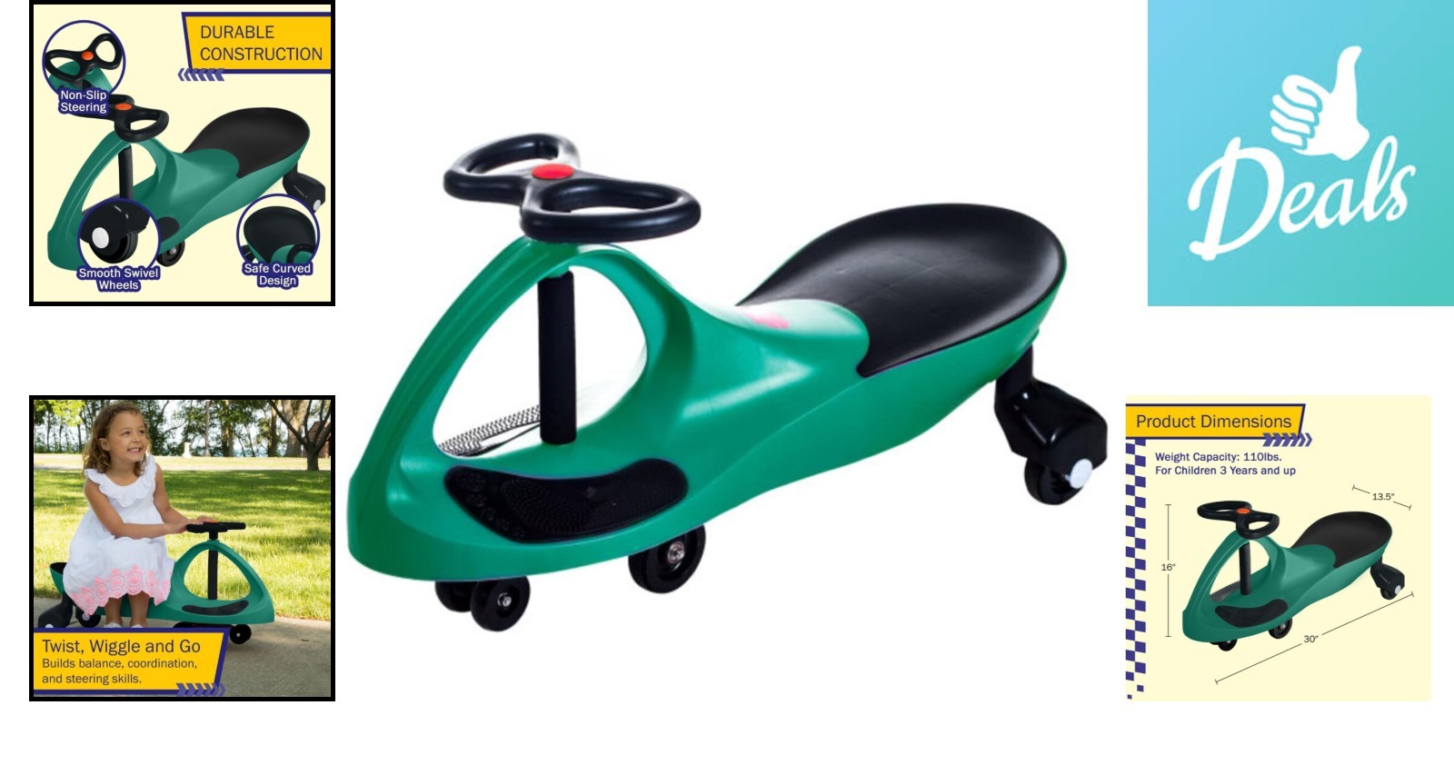 Safe Indoor/Outdoor Wiggle Car – 110lbs Capacity Kids Ride-On Toy, Green/Black