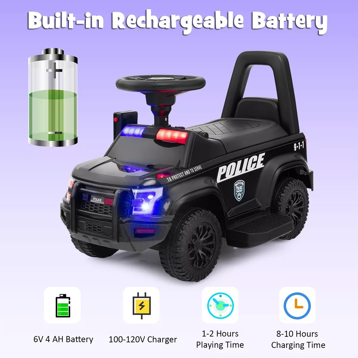 Costway 2-in-1 6V Kids Ride On Car Toddler Push Car w/ Megaphone & Siren – Black