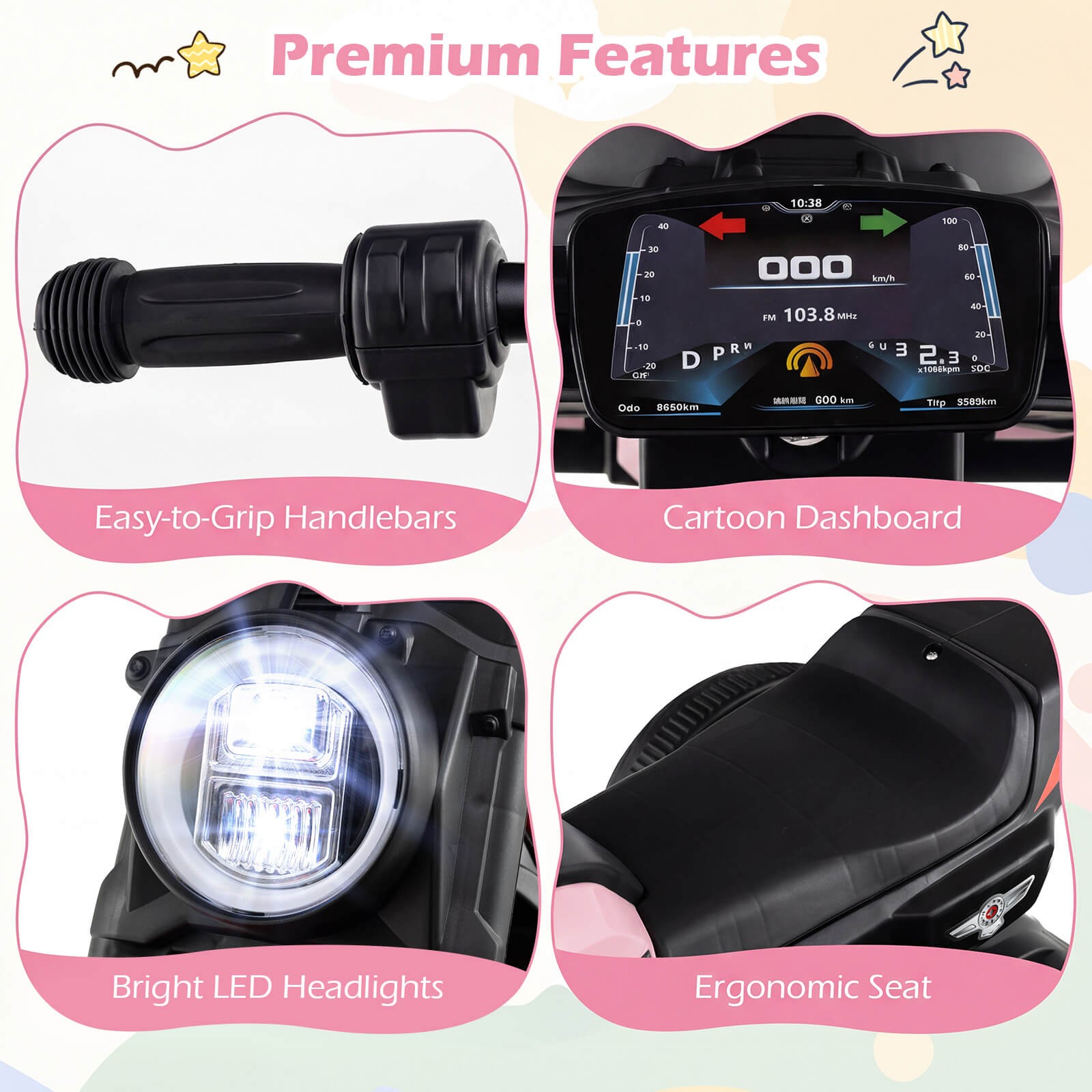 6V Kids Motorcycle w/Song,Story,LED Headlights,Accelerator Pedal & 3 Wheels,Pink