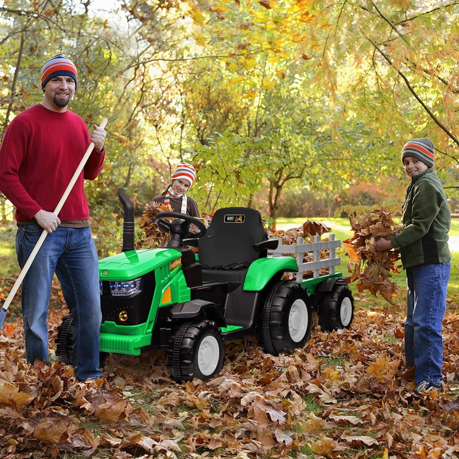 12V Kid Electric Tractor w/Trailer &Remote Control Music Gift 3-8Y Green Toy Car