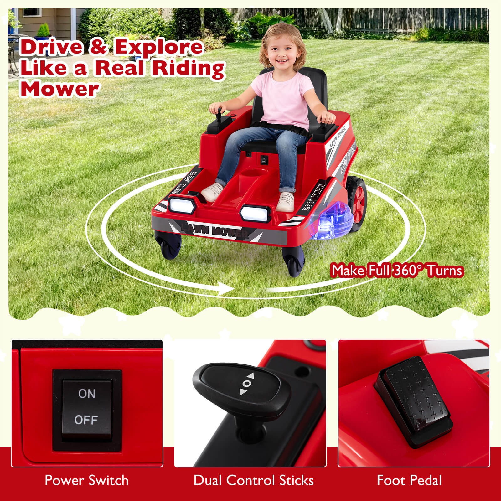 12V Ride on Lawn Mower w/Dual Control Sticks LED Lights Twist Turn for Aged 3-8