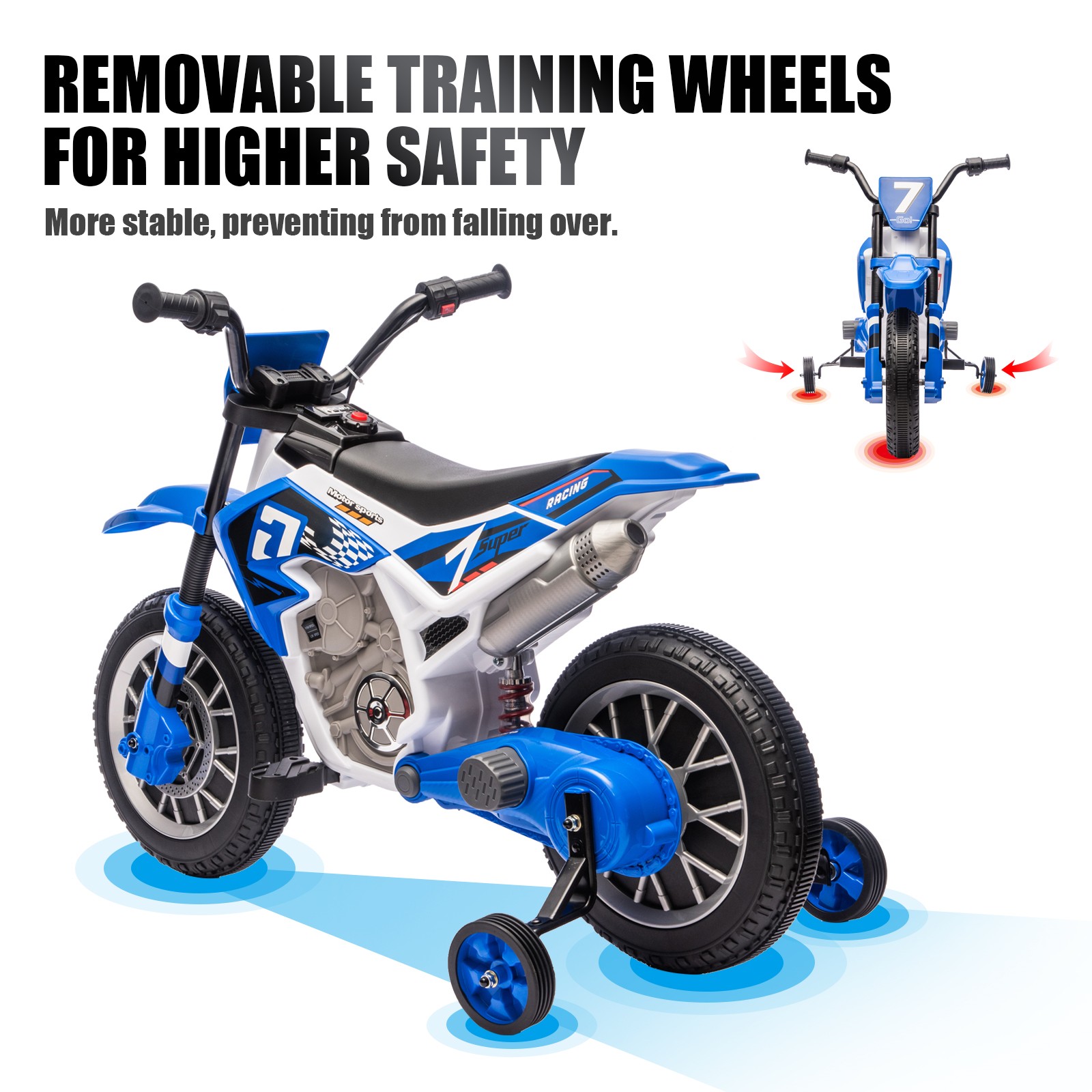12V Kids Ride On Motorbike Motorcycle Dirt Bike with Music,Training Wheels Blue