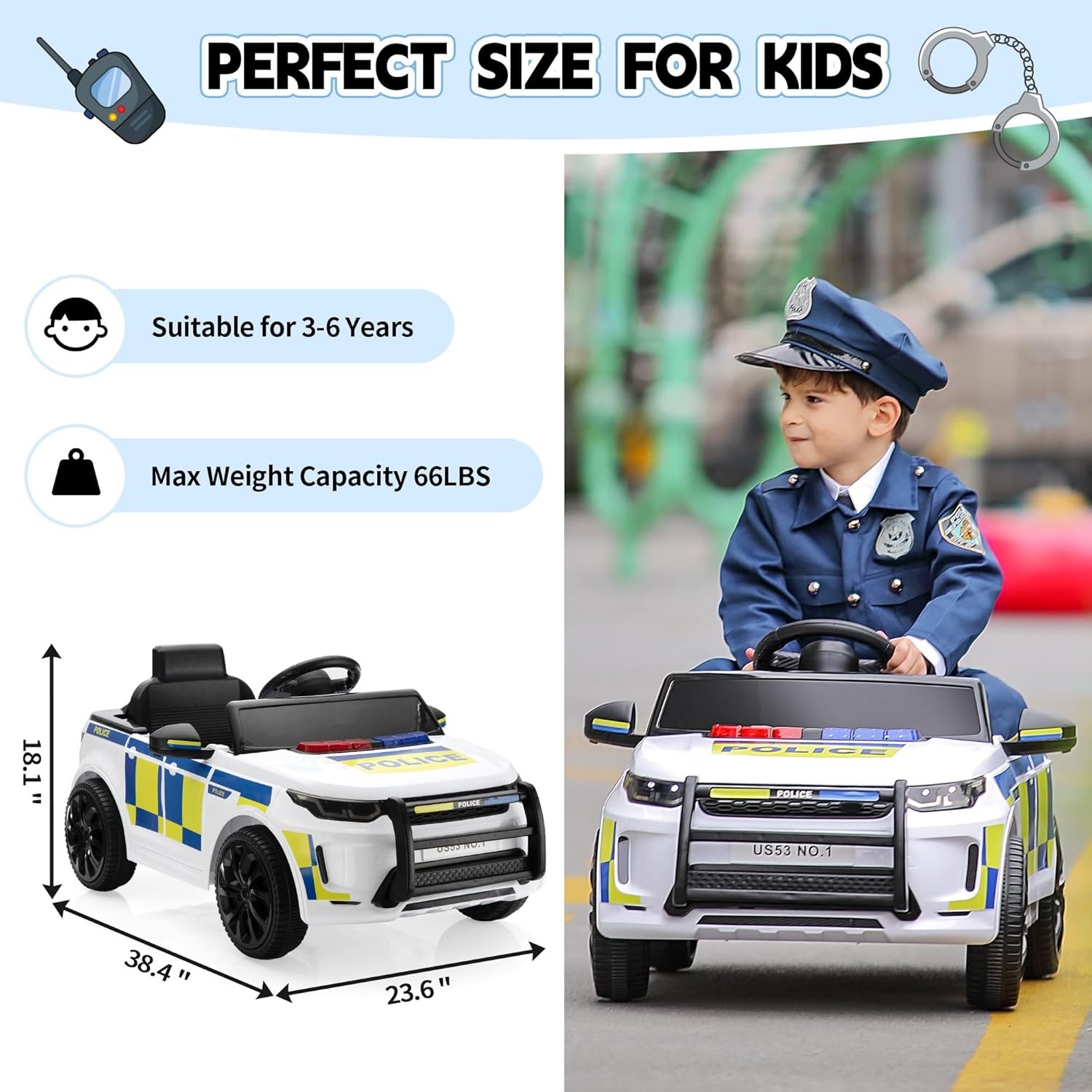 Kids Ride on Police Car 12V Electric Vehicles Toys W/ Remote Control Music LED