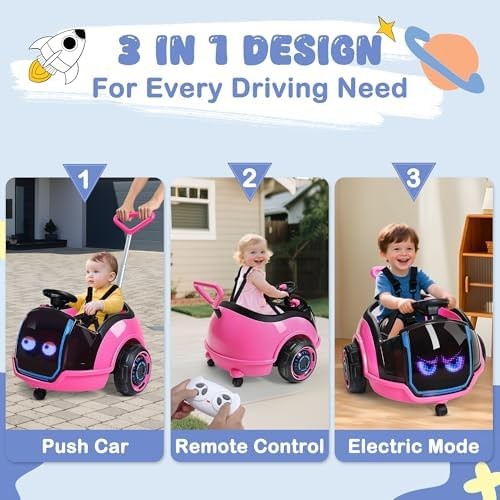 ANPABO 3-in-1 Electric Push Ride On Car, 12V Kids Ride On Toy w/Remote Contro…