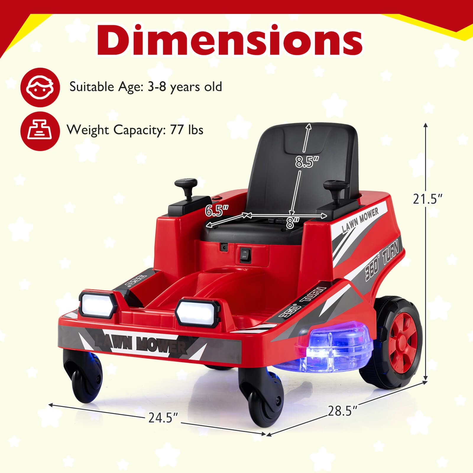 12V Ride on Lawn Mower w/Dual Control Sticks LED Lights Twist Turn for Aged 3-8