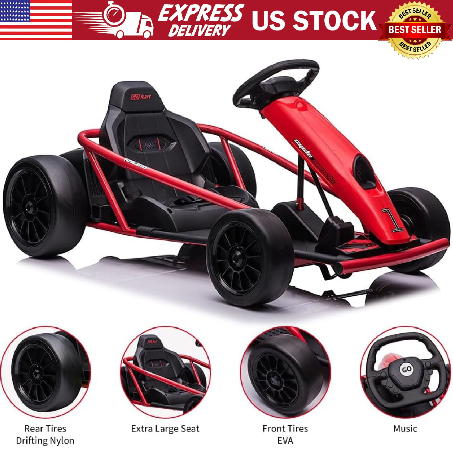 24V Electric Riding Go Kart for Kids 8MPH High Speed Drifting Car Ride Toy Gift
