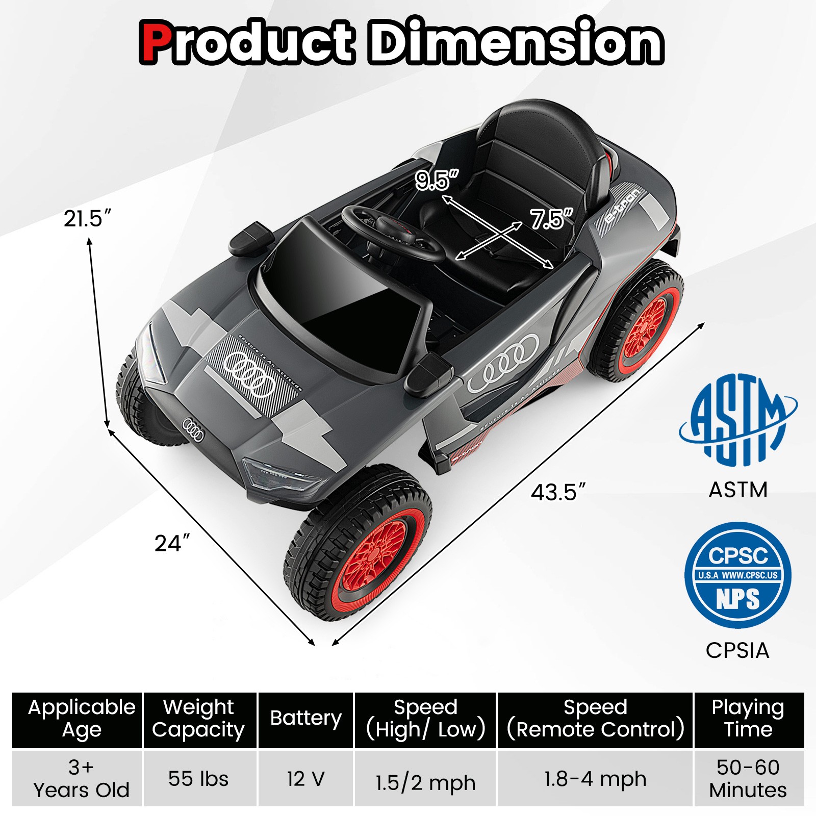 12V Licensed Audi Kids Ride-On E-tron Racing Car w/Remote Controll & Lights Gray