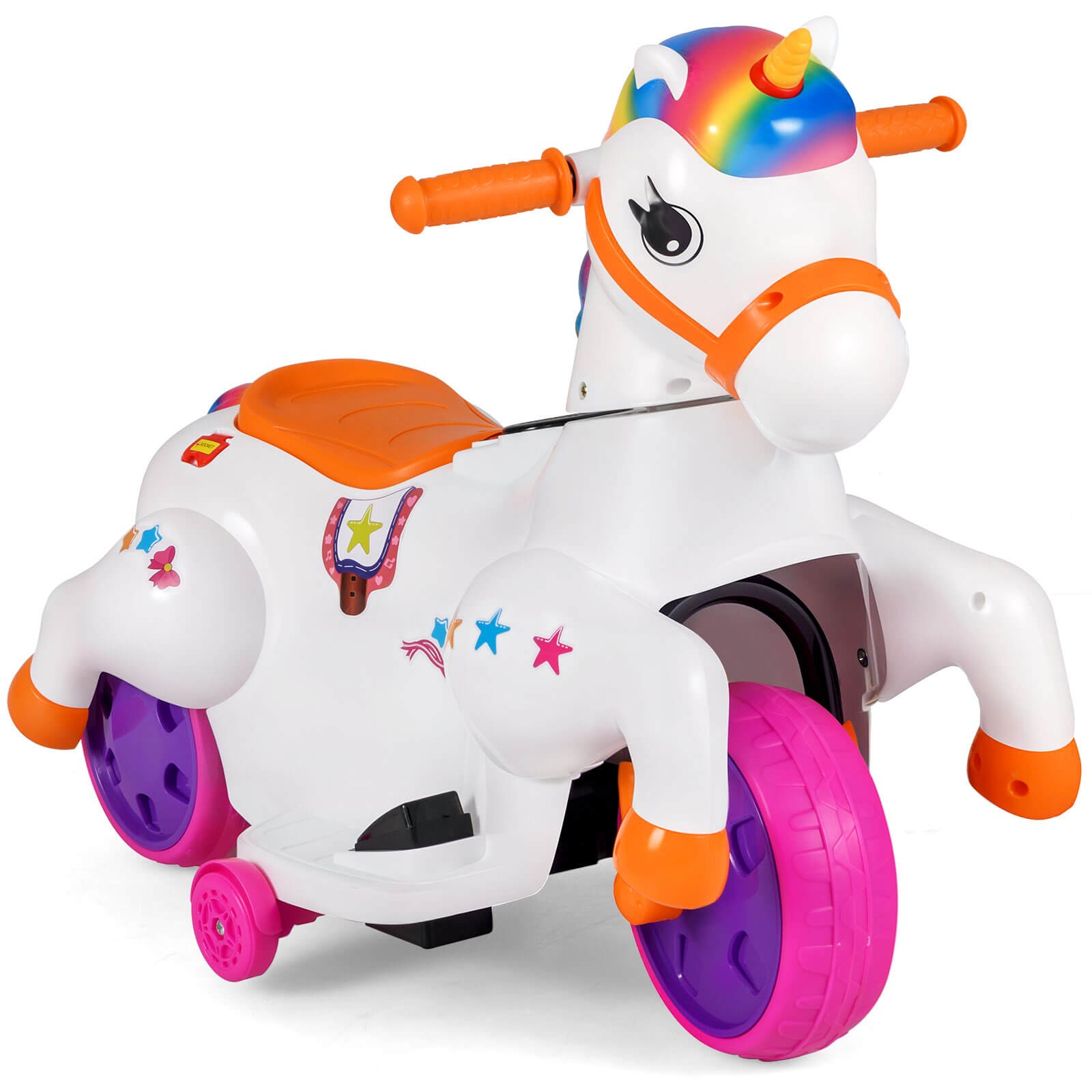12V Kids Ride on Unicorn Toy w/ Training Wheels Music One-button Start Horse Toy