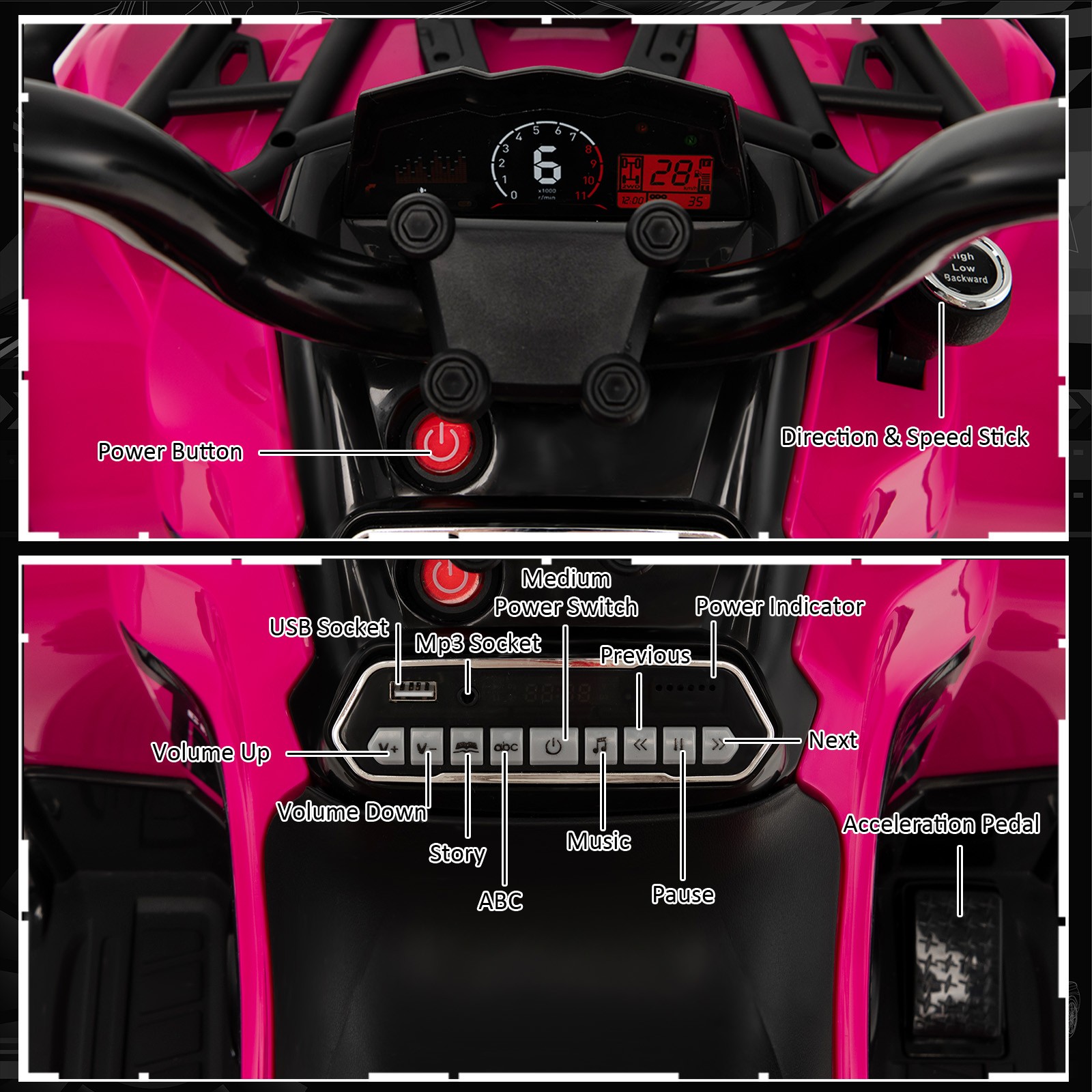 12V 2 Speeds Kids Ride ATV Electric 4-Wheeler Quad w/ Mp3 & Headlights Pink