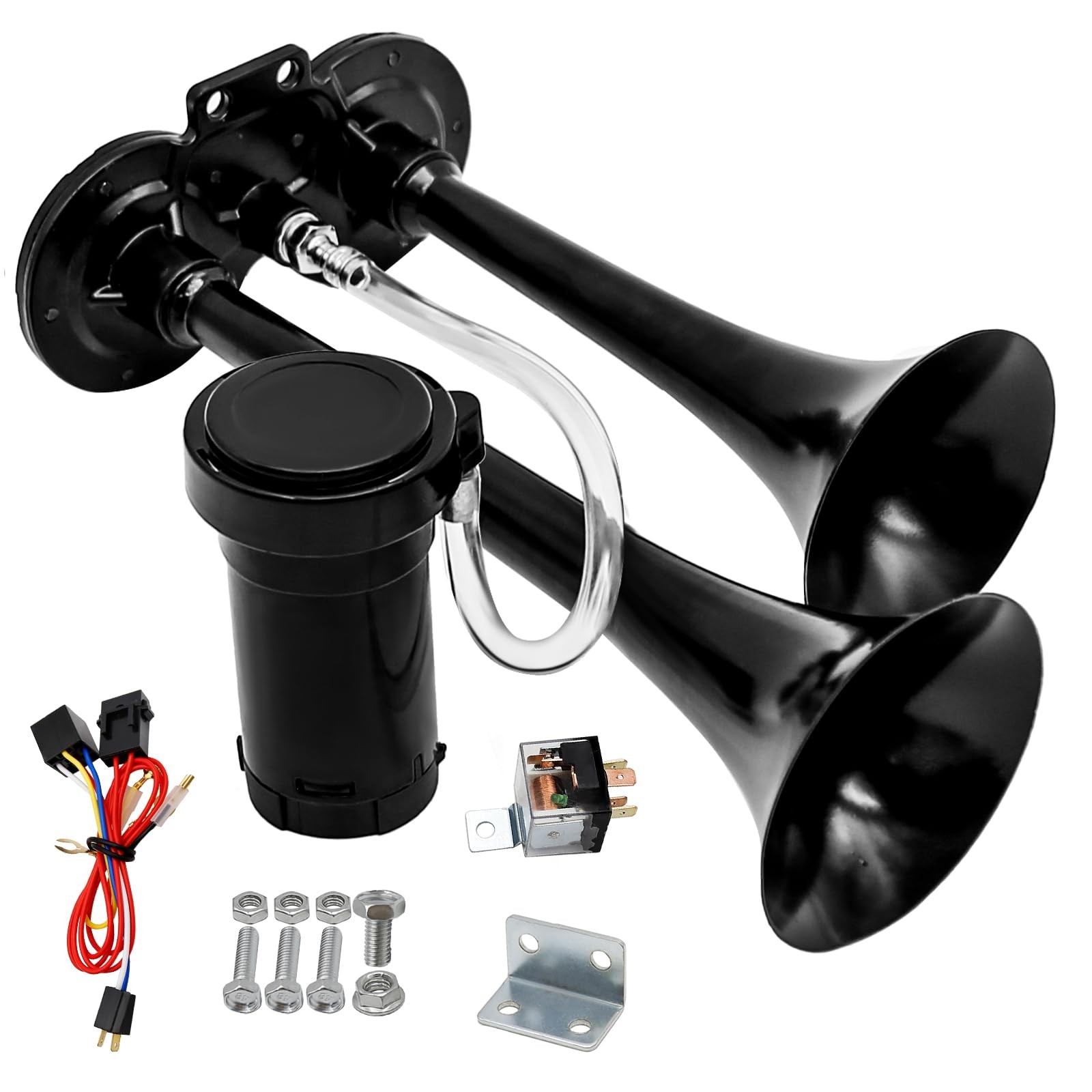 Black Dual 12V Air Horn Kit 150DB Train Horns 120 PSI Compressor Vehicles