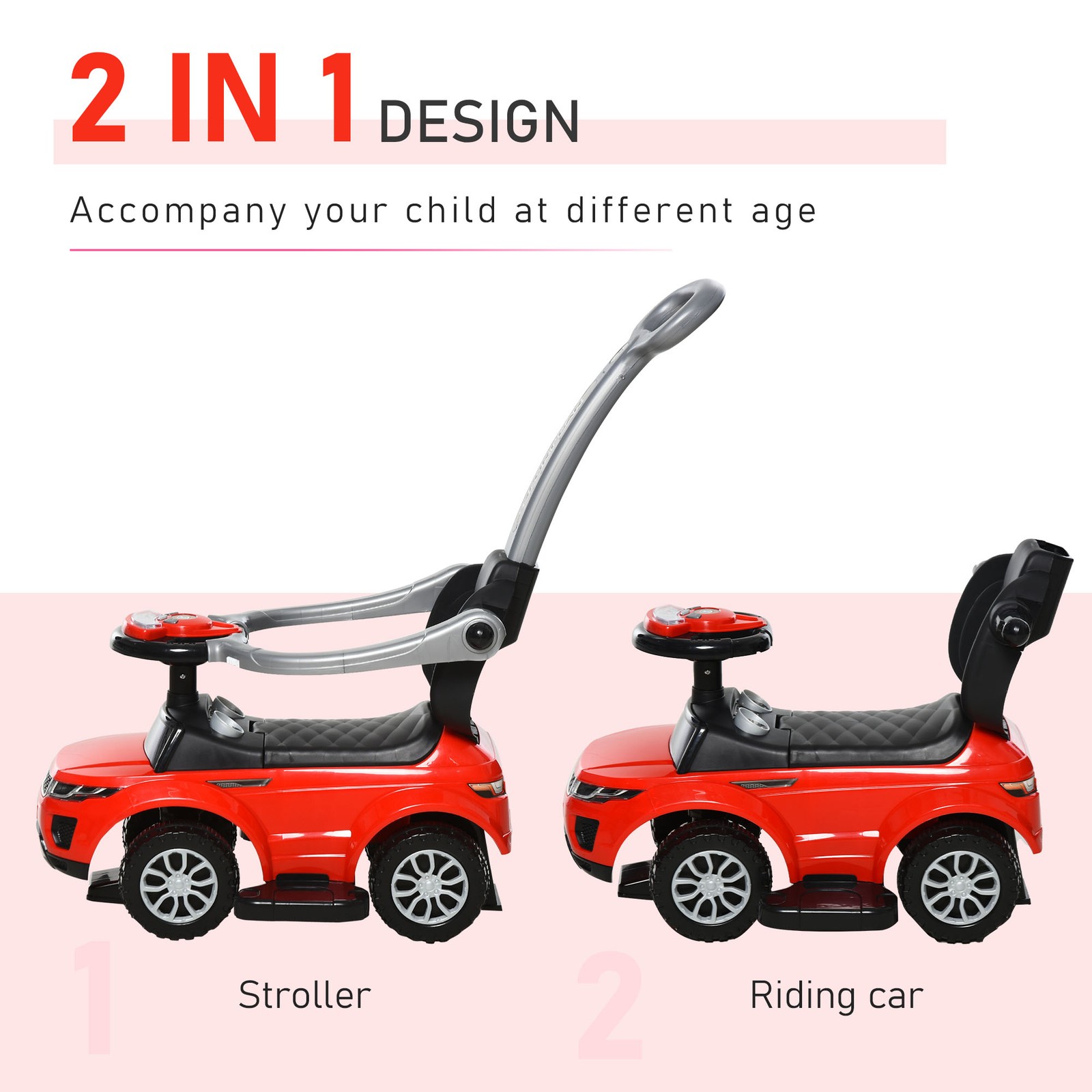 2-in-1 Toddler Push Car with Horn, Music & Lights, Ride On Toy for Ages 1-3