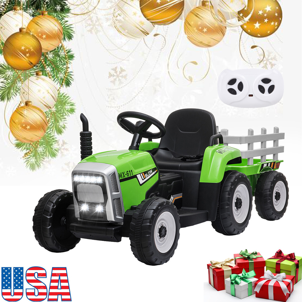 12VElectric Kids Ride On Tractor Battery-Powered w/Trailer &Remote Control Gifts