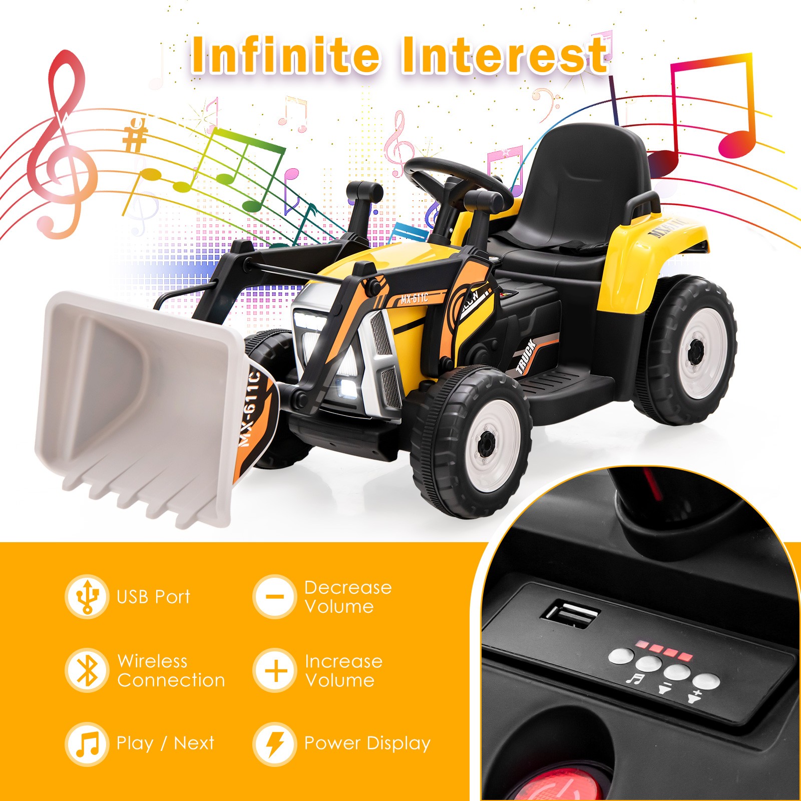 Kids Ride on Excavator 12V Battery Powered Loader Digger w/Adjustable Arm Yellow