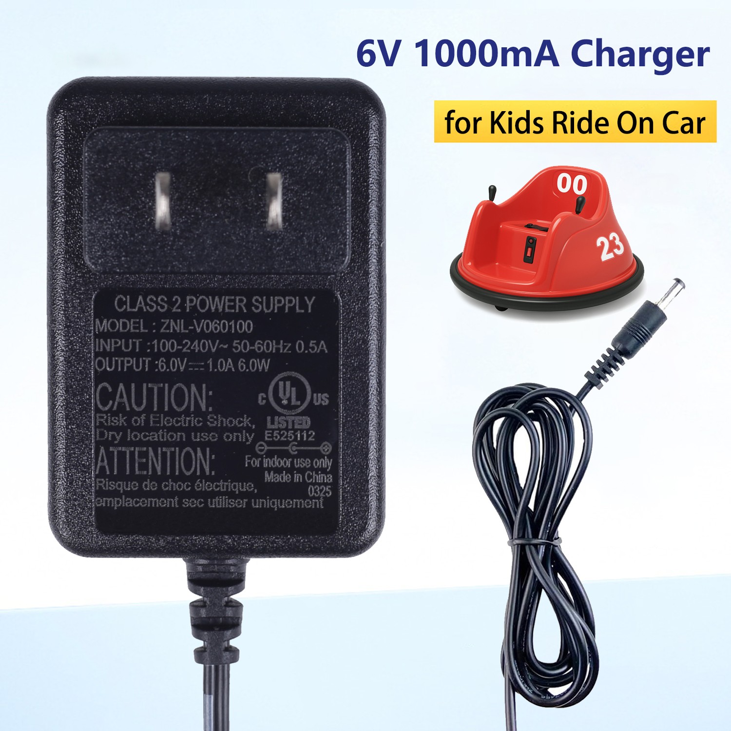 6V Battery Charger for Kids Ride On Toy, 6 Volt Ride On Bumper Car Power Adapter