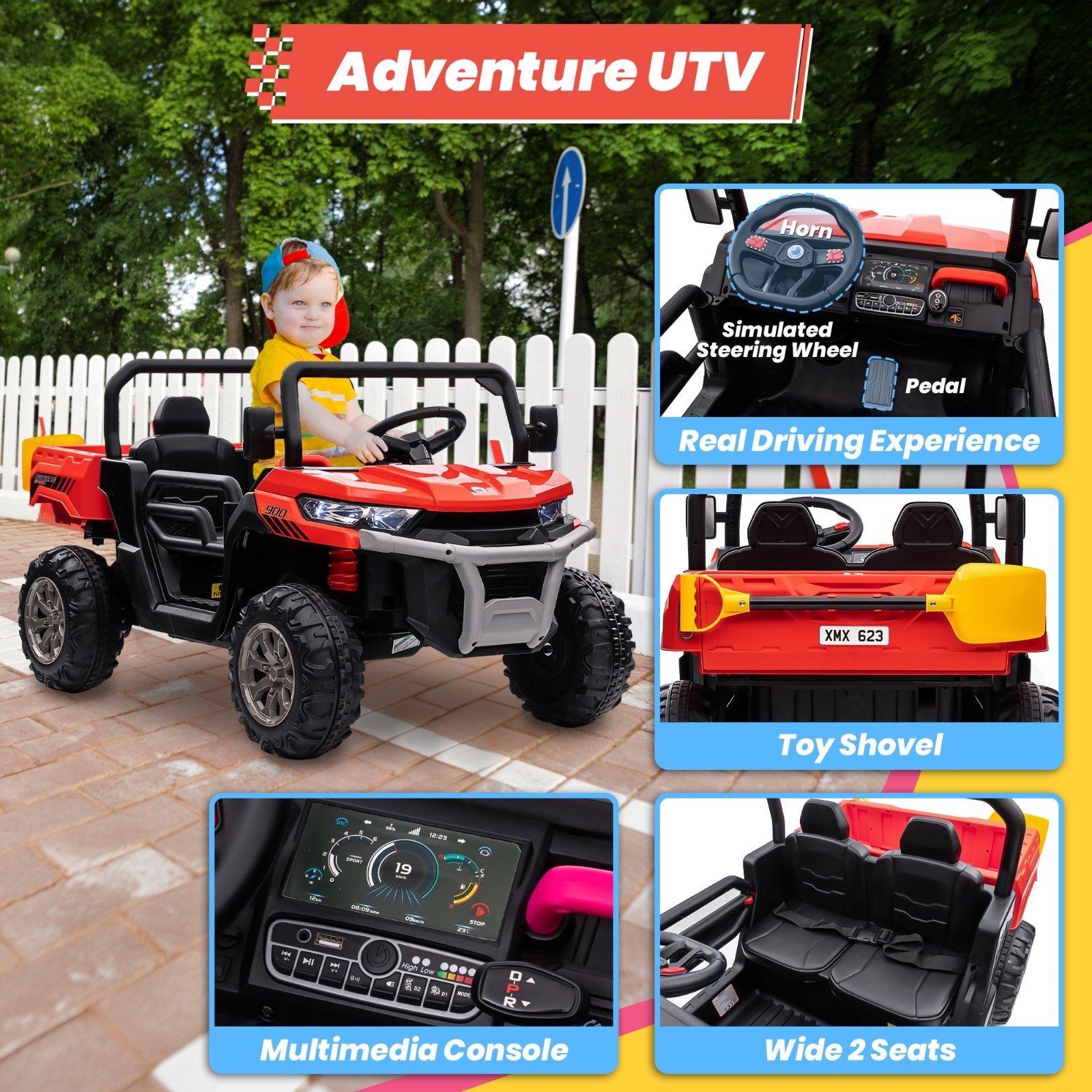 Ride-On Dump Truck with Remote Control 2-Seater Bluetooth LED Lights