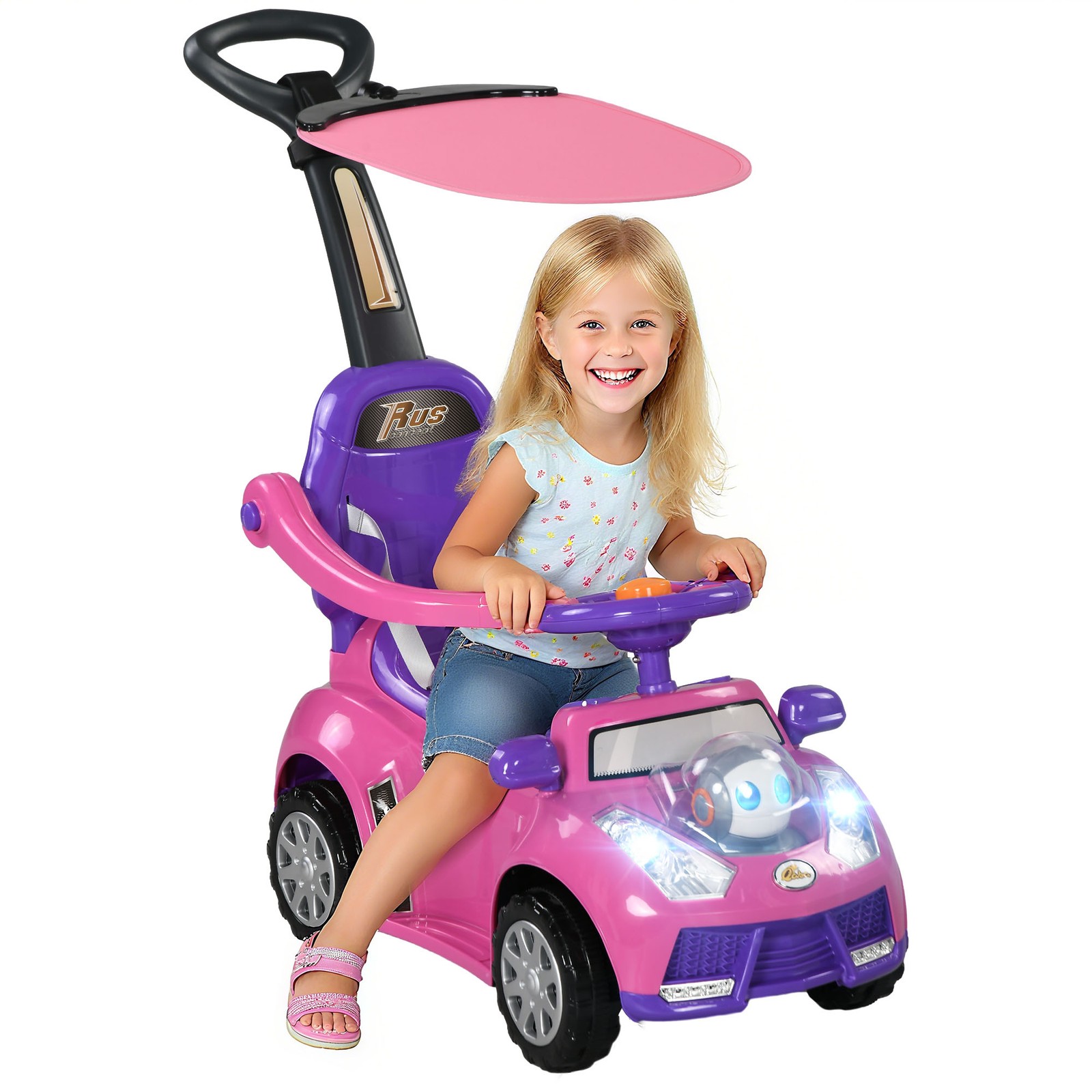 3 in 1 Push Car, Sliding Car with Removable Handle, Music, Horn, Pink