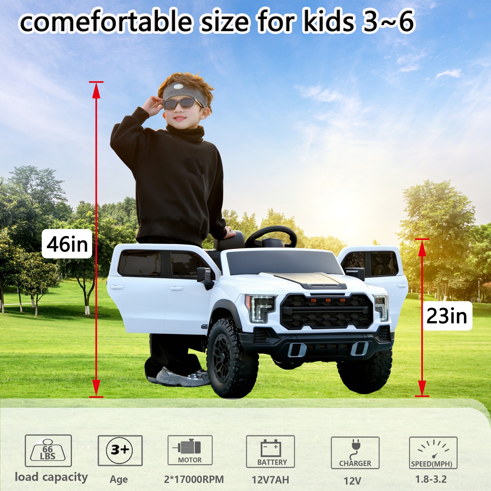 12V Kids Ride-On Car Remote Control, 4-Wheel Shock Absorption 3-6 Years White