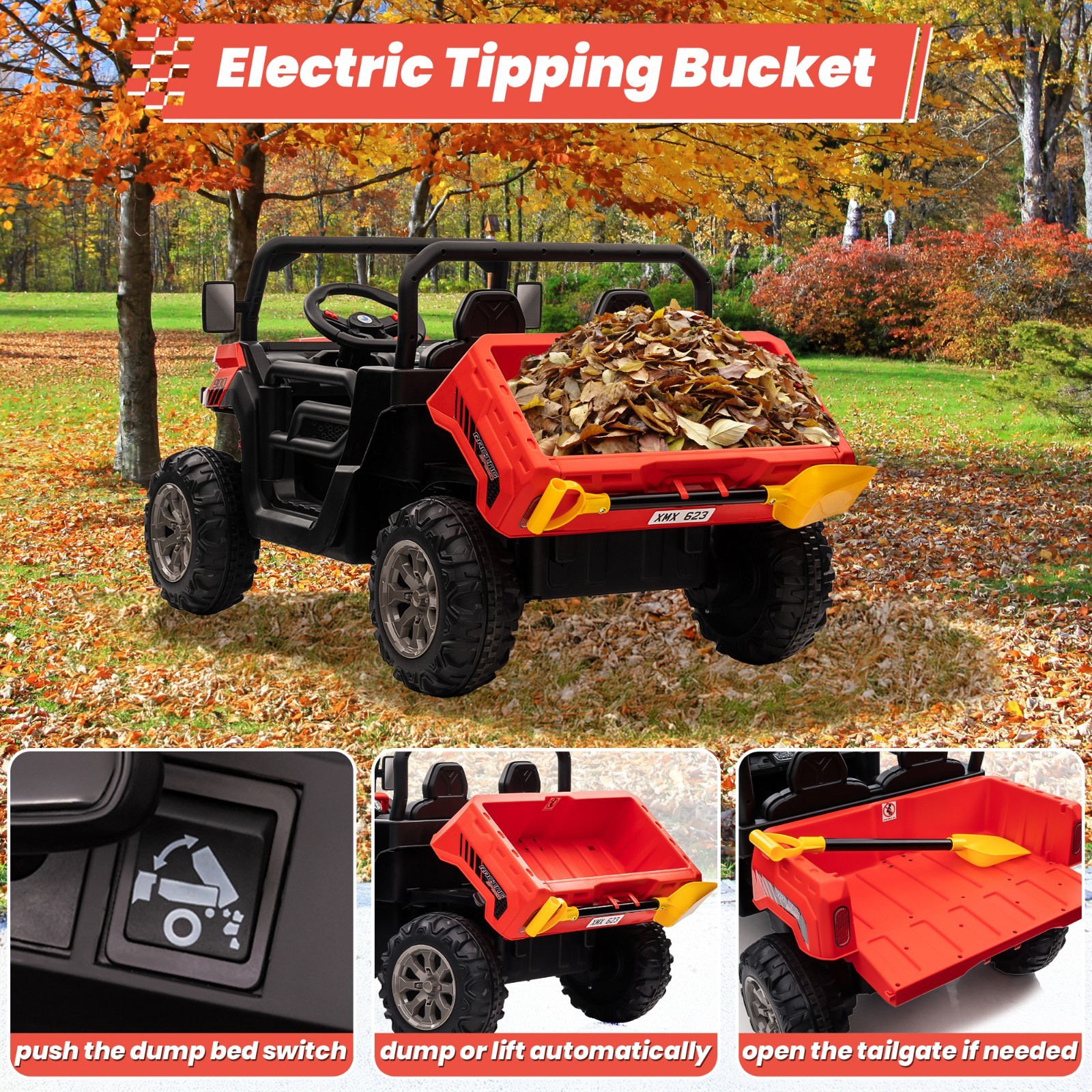 Ride-On Dump Truck with Remote Control 2-Seater Bluetooth LED Lights