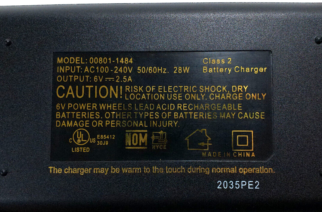Fisher Price 6V Power Wheels 6 Volt Quick Charger Model 00801-1484 ( 6V 2.5A )