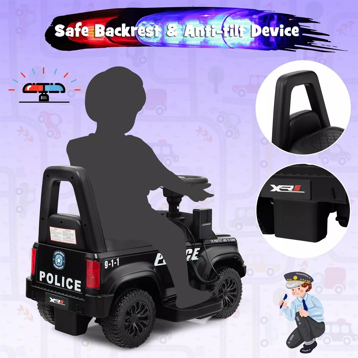 Costway 2-in-1 6V Kids Ride On Car Toddler Push Car w/ Megaphone & Siren – Black
