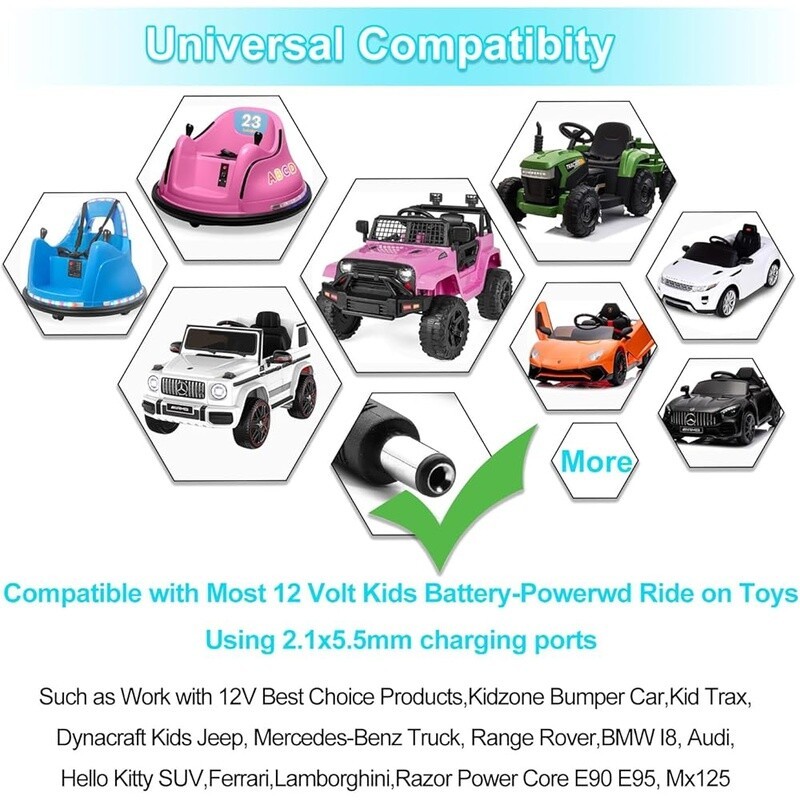 12V Battery Charger Kids Ride On Cars Power Supply ETL Listed Charging Cable New