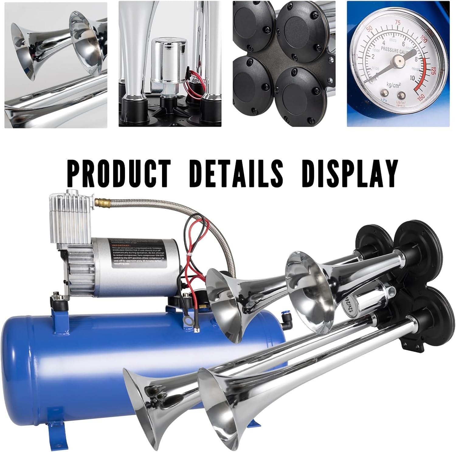 180db Train Horn Kit with 150 PSI Air Tank, Four Trumpet Air horns for Truck,
