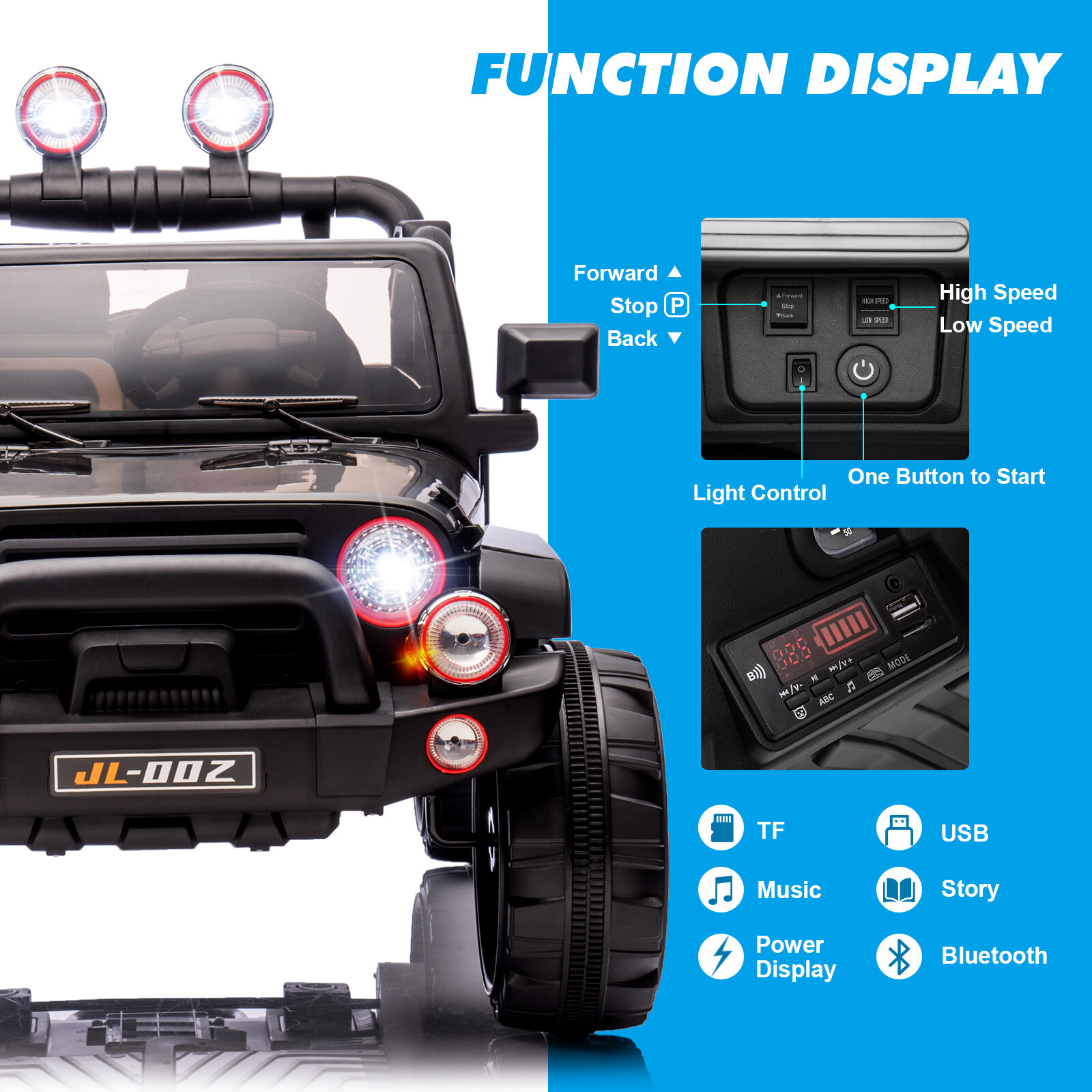 Black 12V Battery Kids Ride On Car Truck 3 Speeds Toy LED MP3 w/Remote,Car Cover