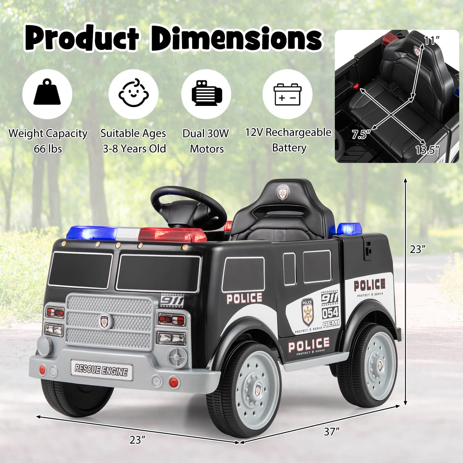 Kids Ride on Police Car w/ 3 Speeds Megaphone Music FM Radio Flashing Lights
