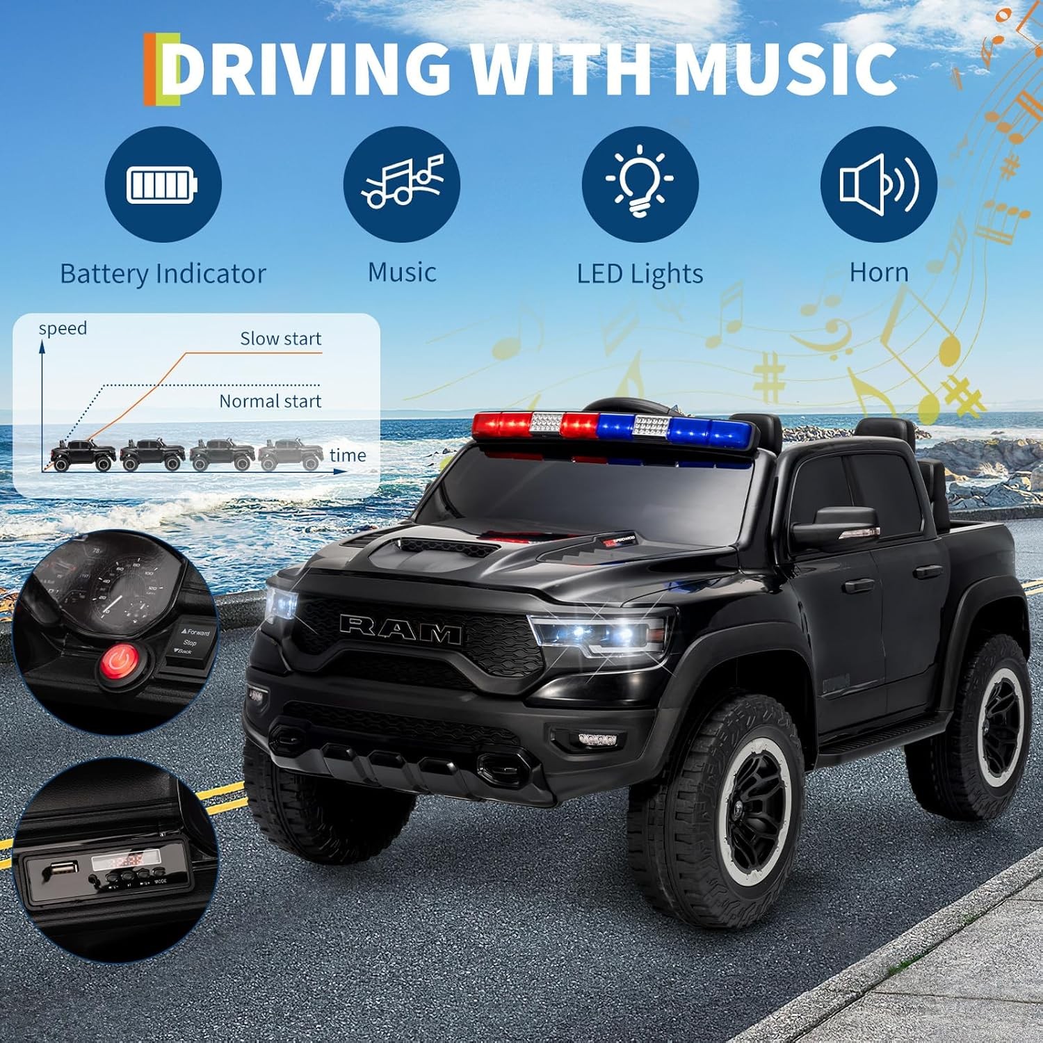 12V Kids Ride On Car with Remote Control,Electric Pickup Truck with Police Light