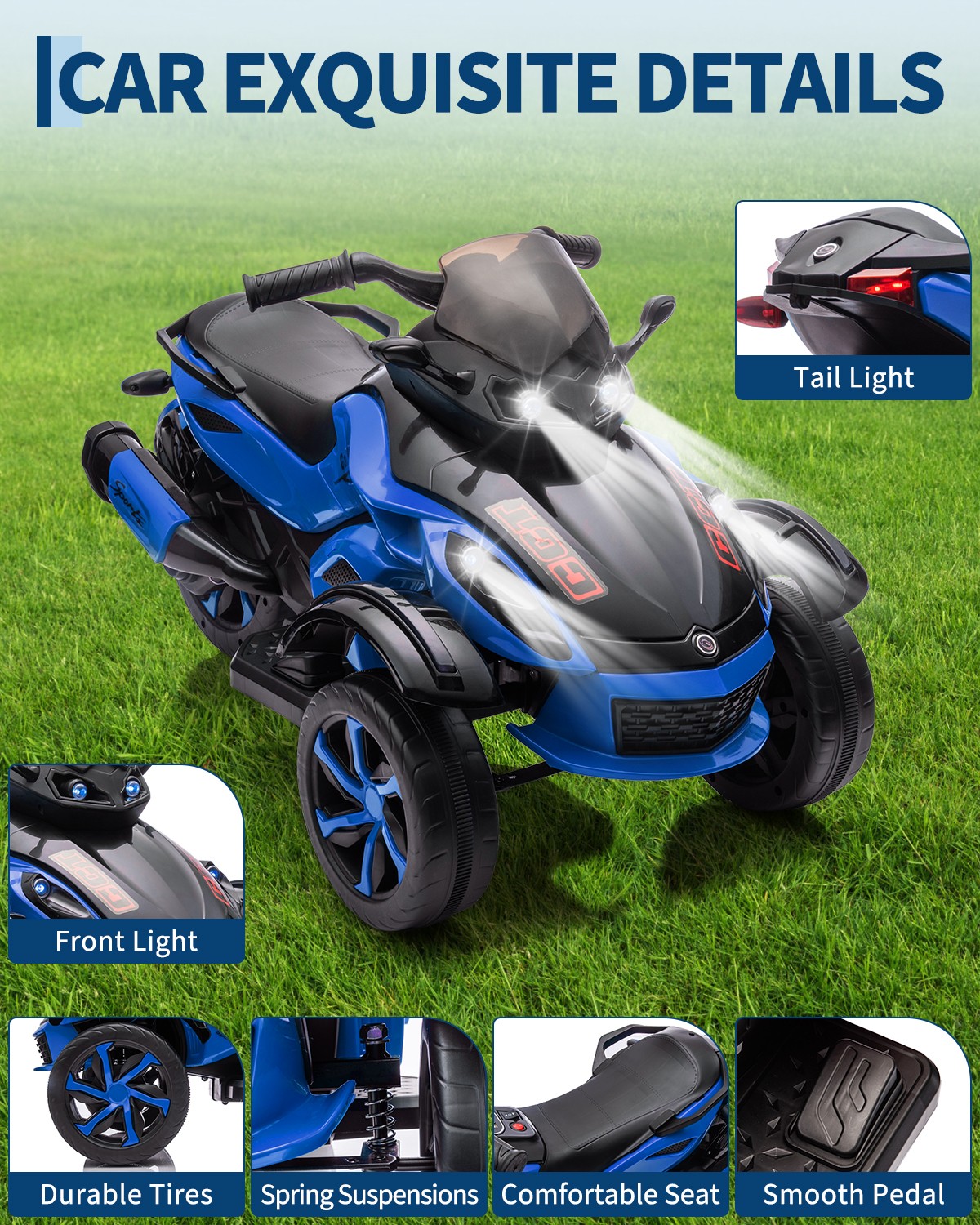 12V Kids Ride on ATV 3 Wheeler Electric Motorcycle LED Lights & Music Ages 3-8