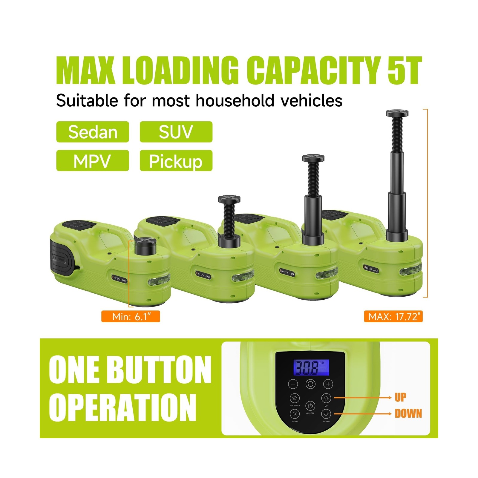 Electric Car Jack Kit 5T 12V Hydraulic Tire Jack with Double Cylinder Air Pum…