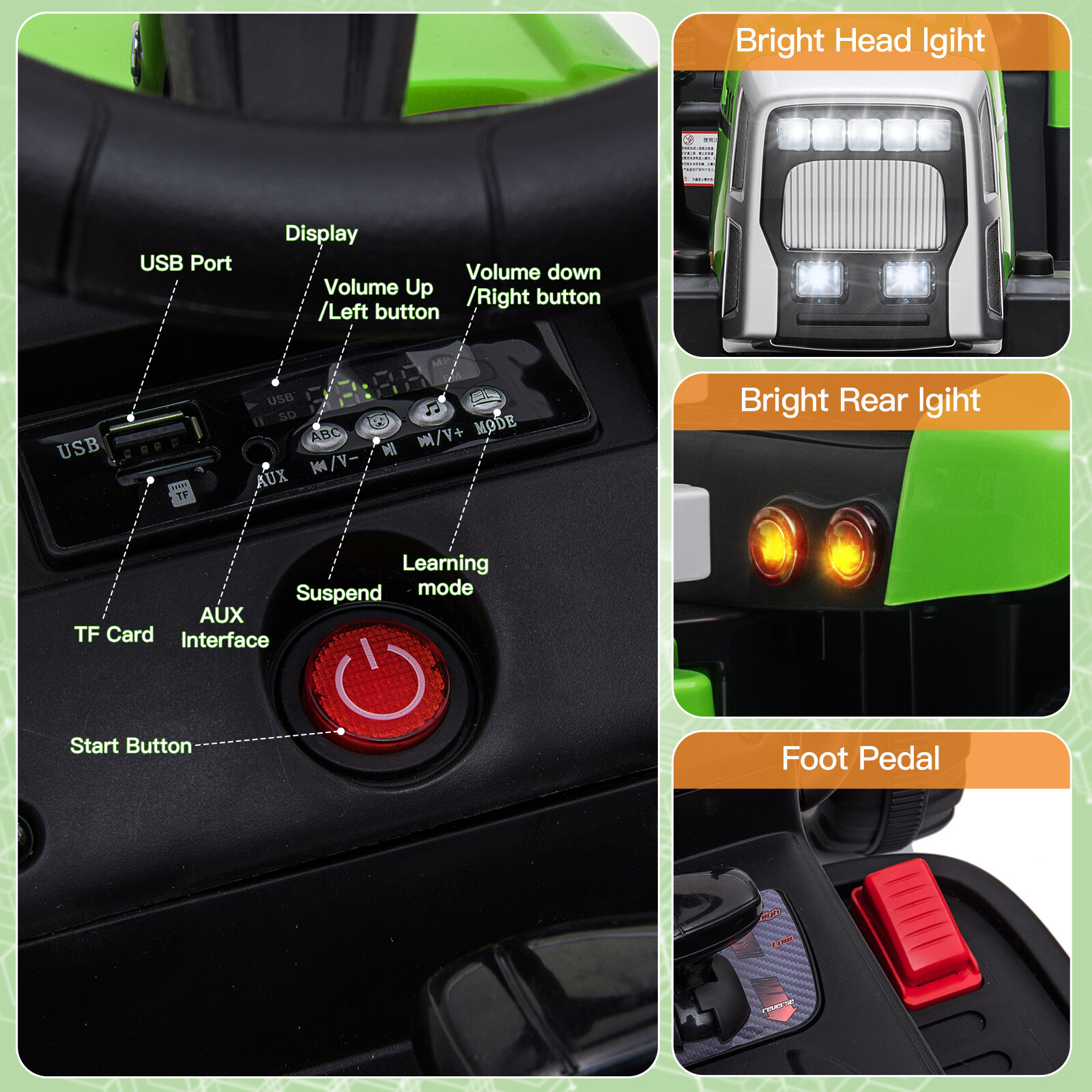 12V Kids Electric Battery-Powered Ride On Tractor Toy w/ Trailer Remote Control