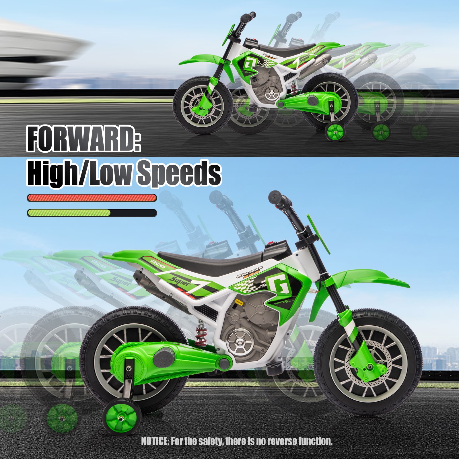 12V Kids Ride On Motorbike Motorcycle Dirt Bike with Music,Training Wheels Green