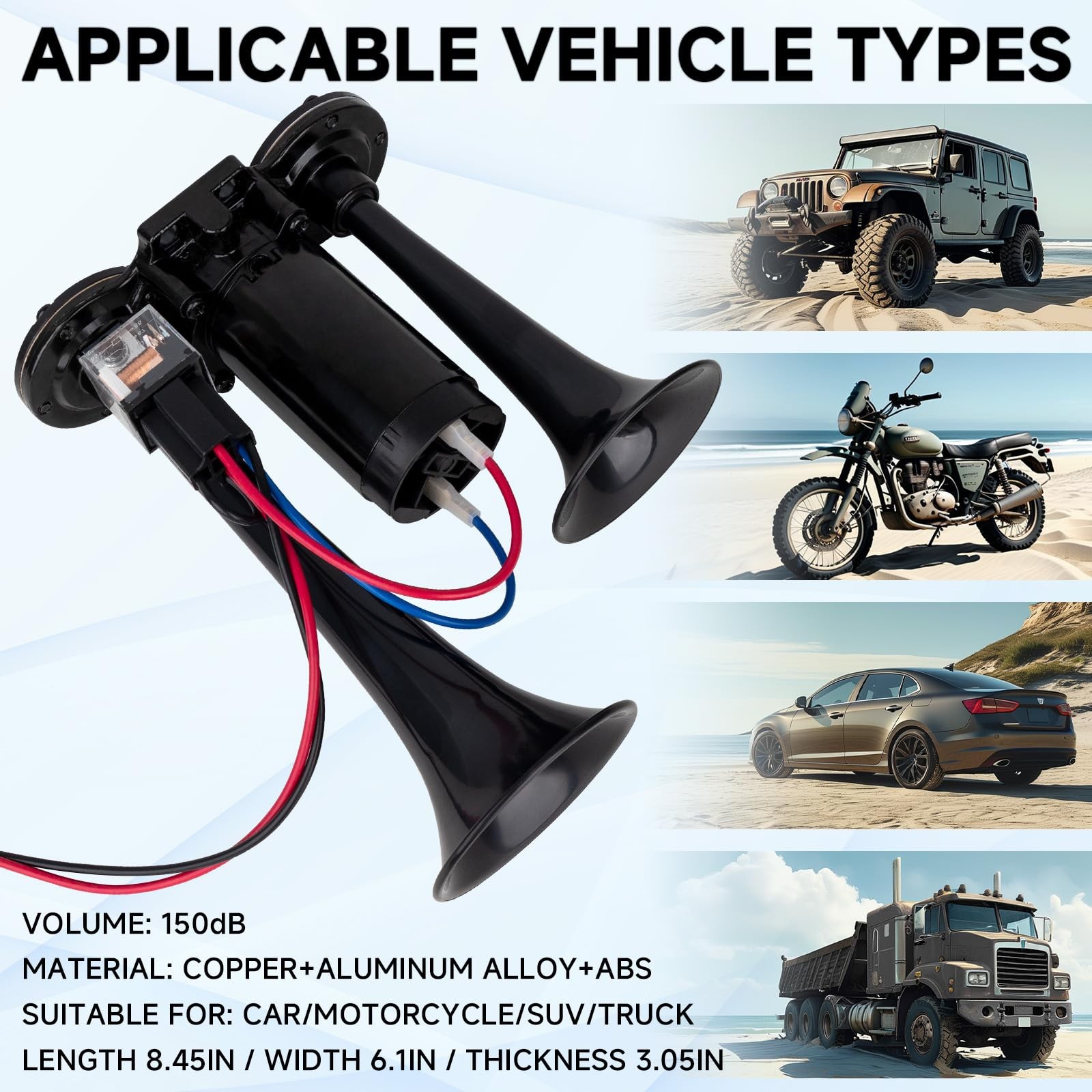12V Black Waterproof Truck Horn With Compressor 150DB Dual Tube High/Low Air