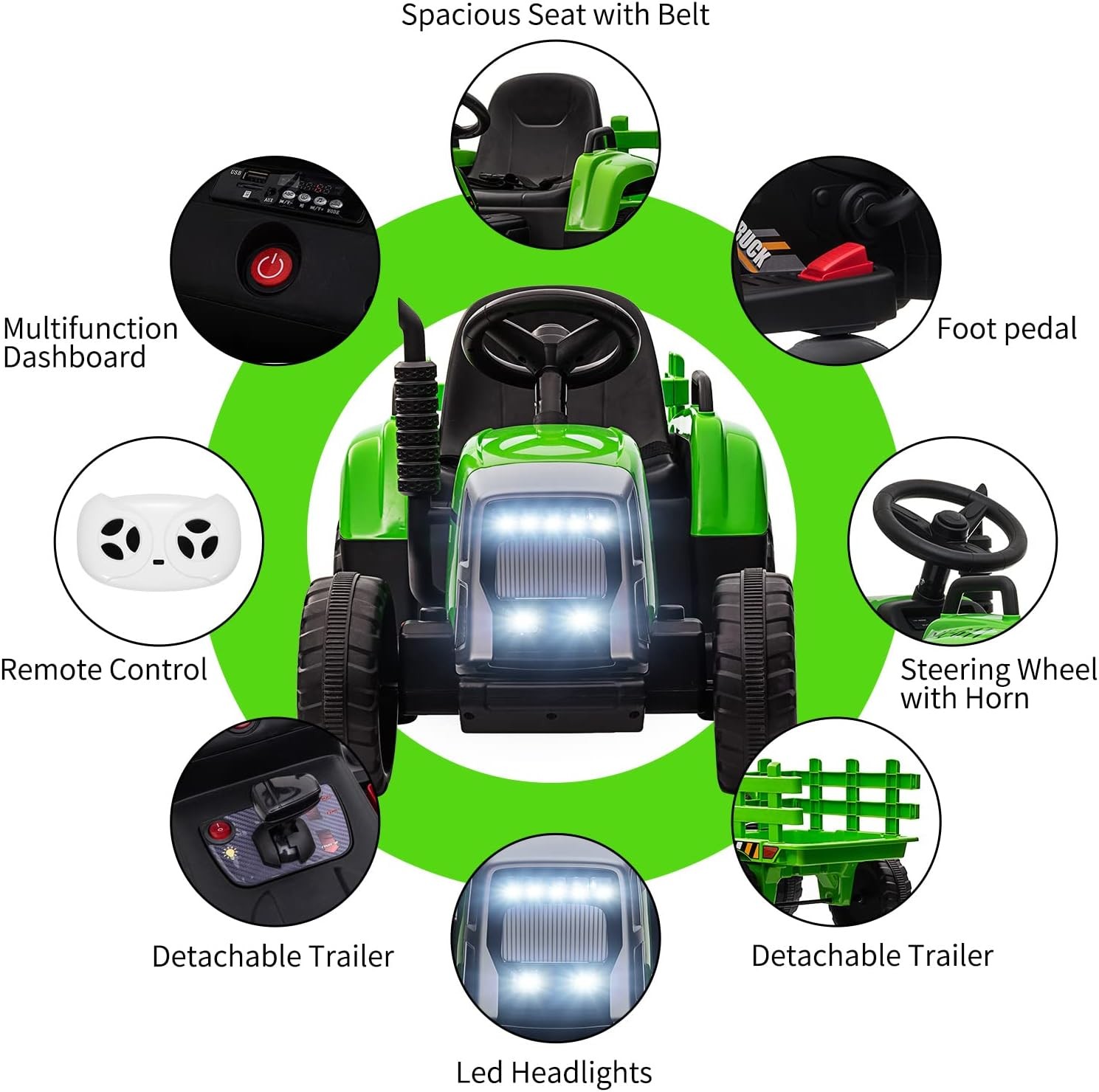 Battery‑Powered 12V Kids Tractor w/ Remote,25/35W Motor, LED, Educational Audio