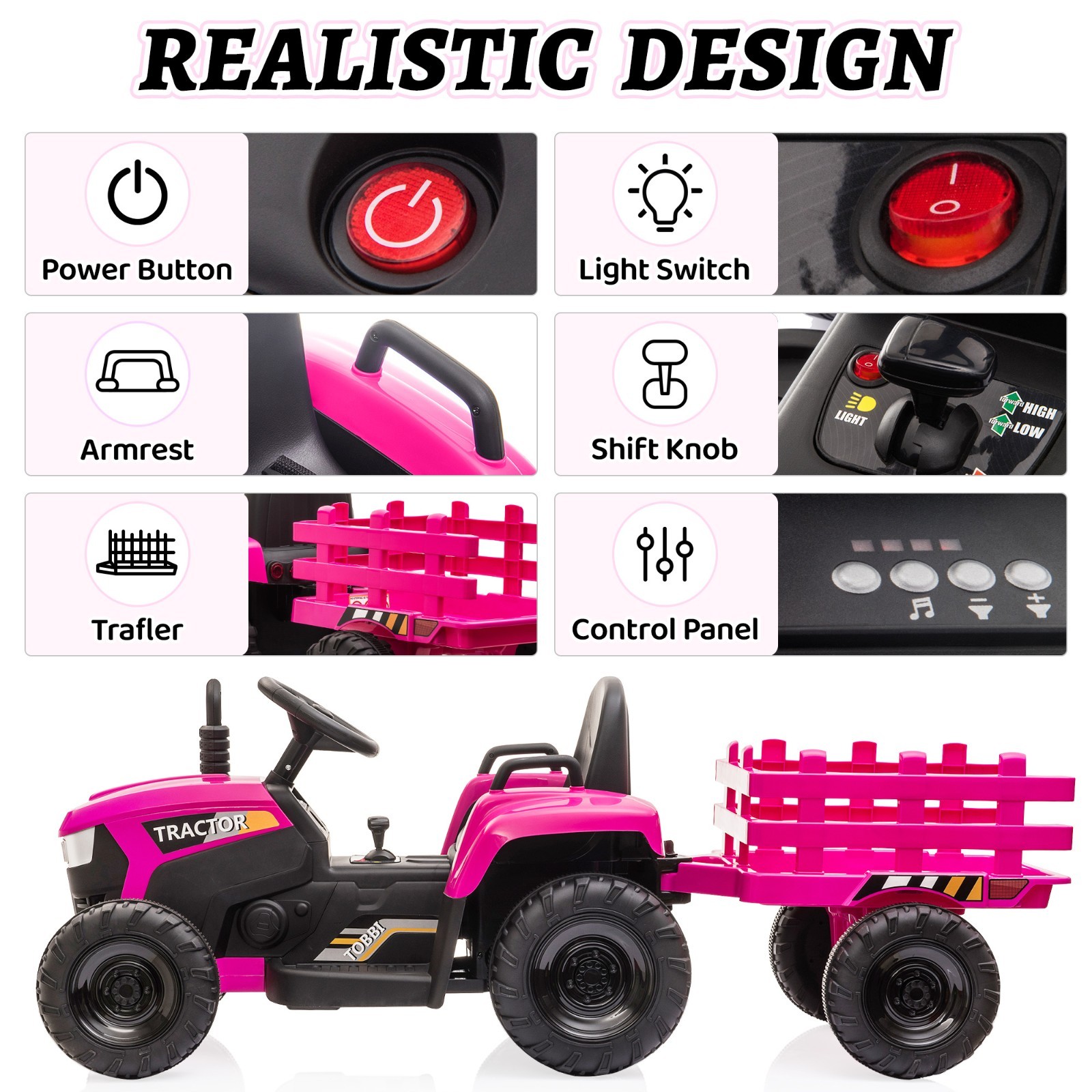 12V Kids Ride on Tractor Electric Vehicle w/Trailer 2 Motors Battery-Powered Toy