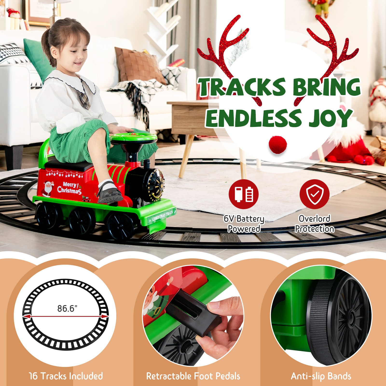 6V Electric Kids Motorized Train Toy with Unique Train Outlook & Stickers Green